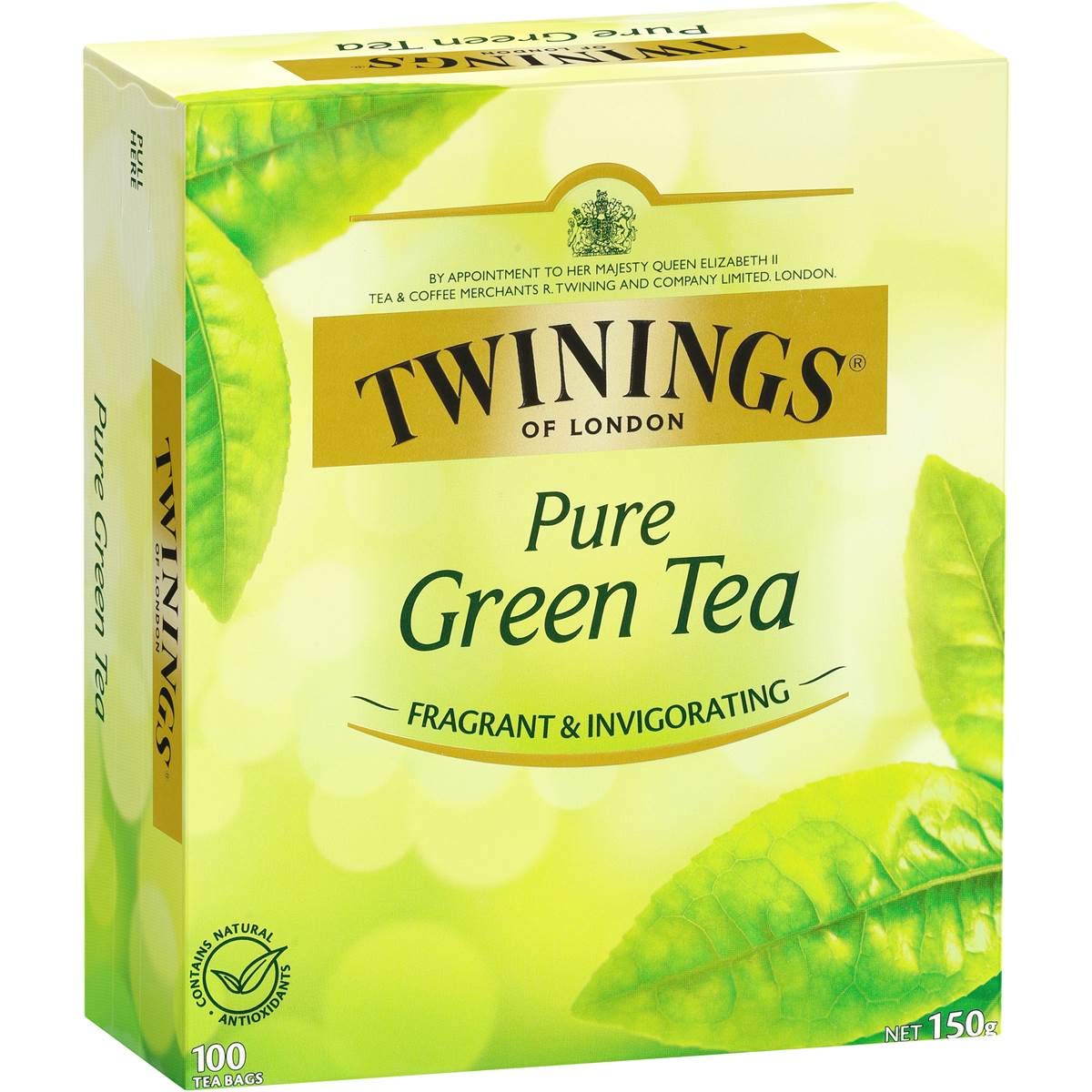 Twinings green tea bags close-up in a box for daily refreshment.
