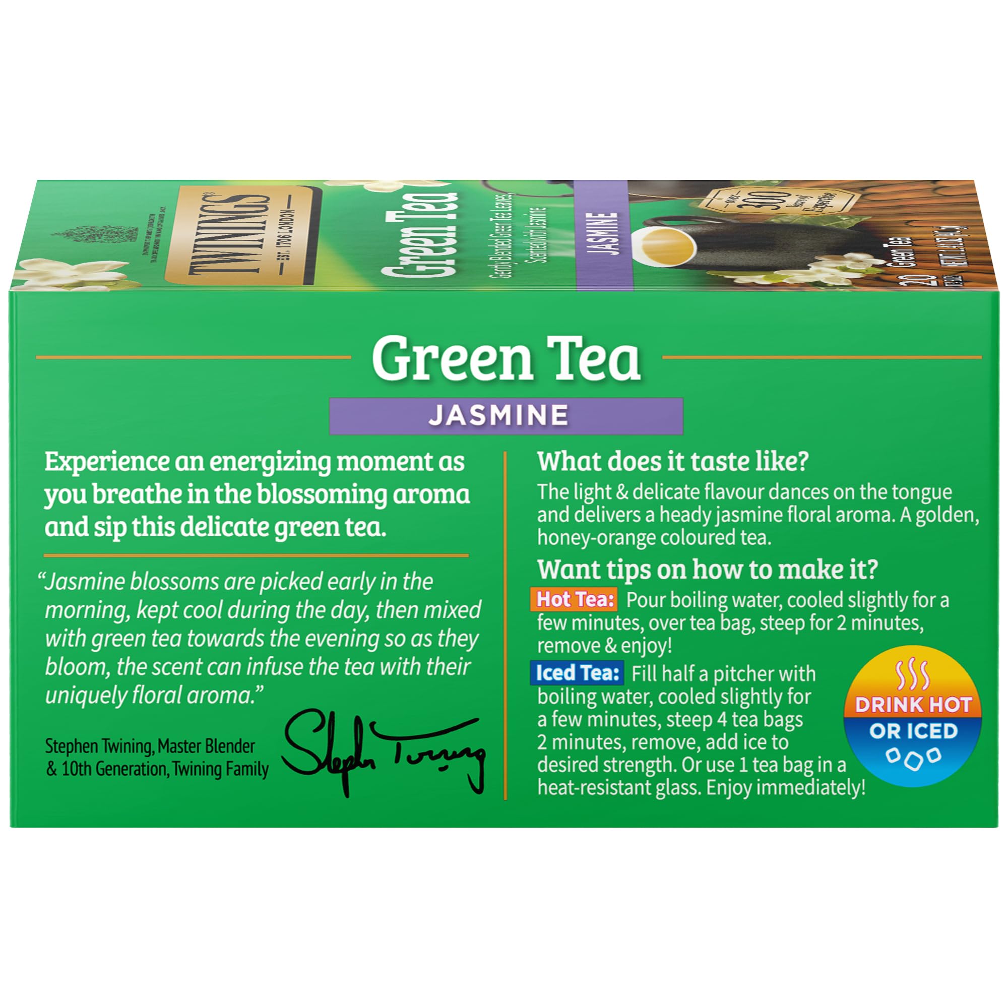Twinings Jasmine Green Tea packaging front view.
