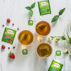 Twinings Green Tea Jasmine tea bag closeup revealing leaves.