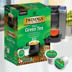 Twinings Green Tea K-Cup Pod brew demonstrates quick hot tea with a light golden color.