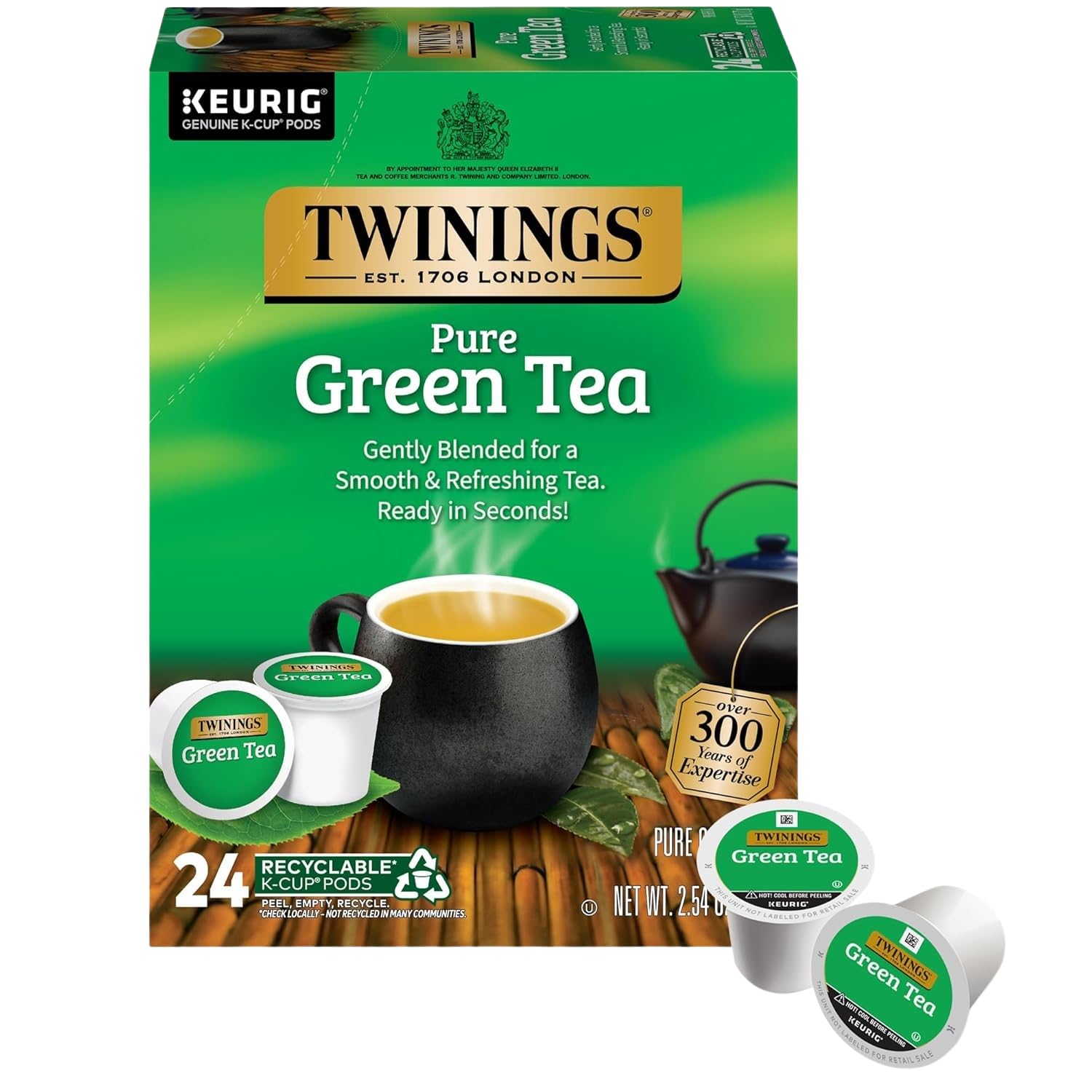Twinings green tea pack provides convenient, caffeine-containing refreshment for mornings.
