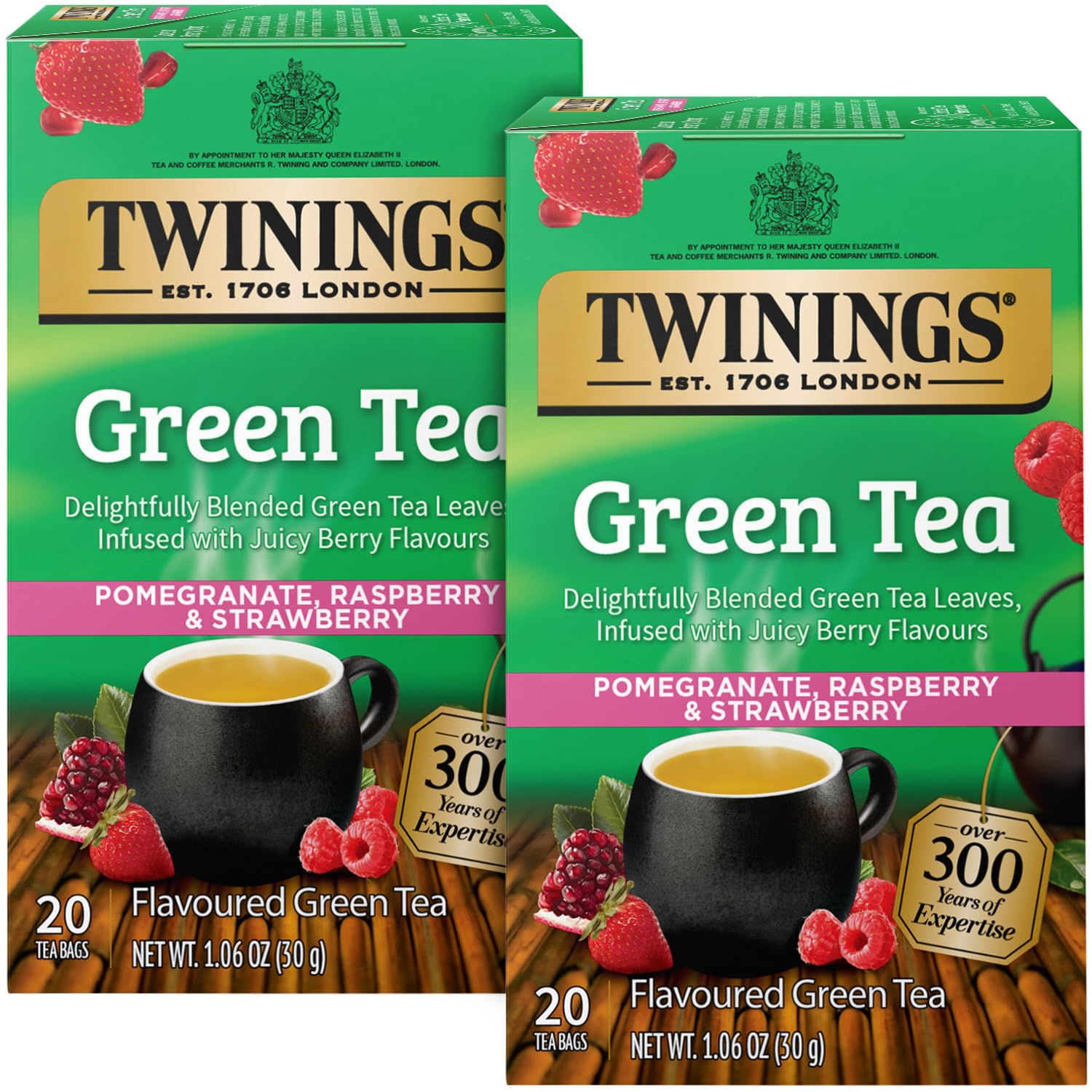 Twinings green tea teabags with pomegranate, raspberry, and strawberry for a refreshing lift