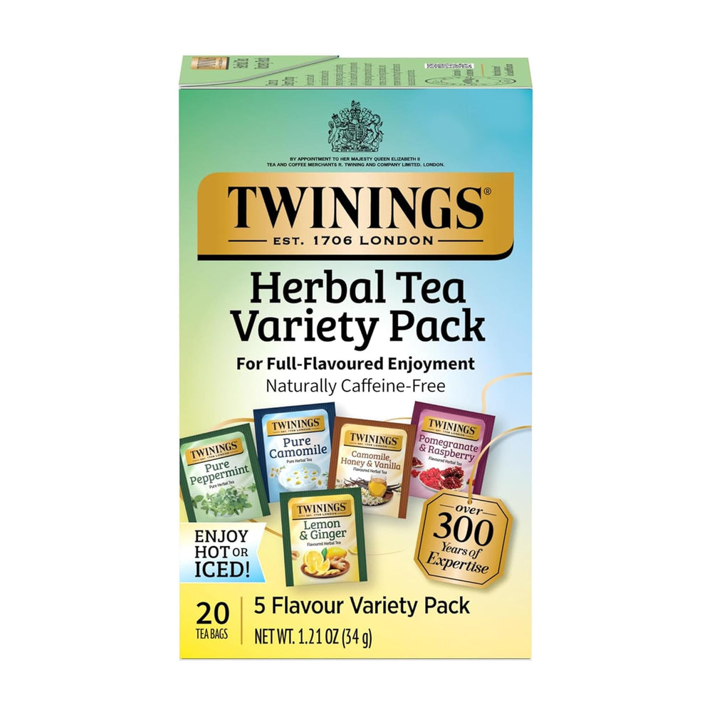 Twinings Herbal Tea Variety Pack front view for trying five caffeine-free flavors.