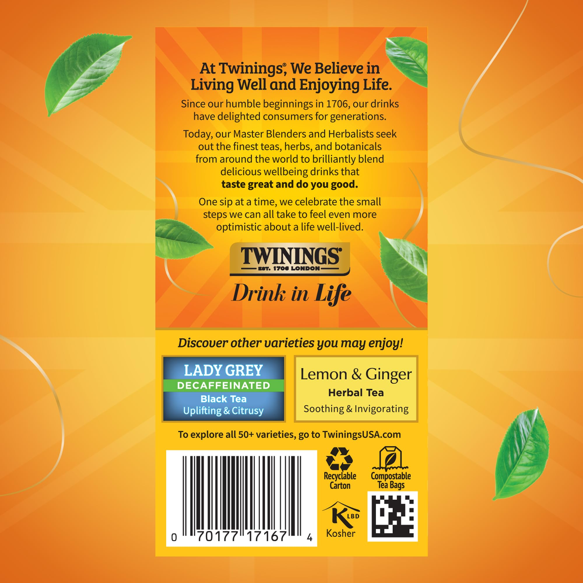 Twinings legacy Earl Grey in decaf form across a six-pack collection.