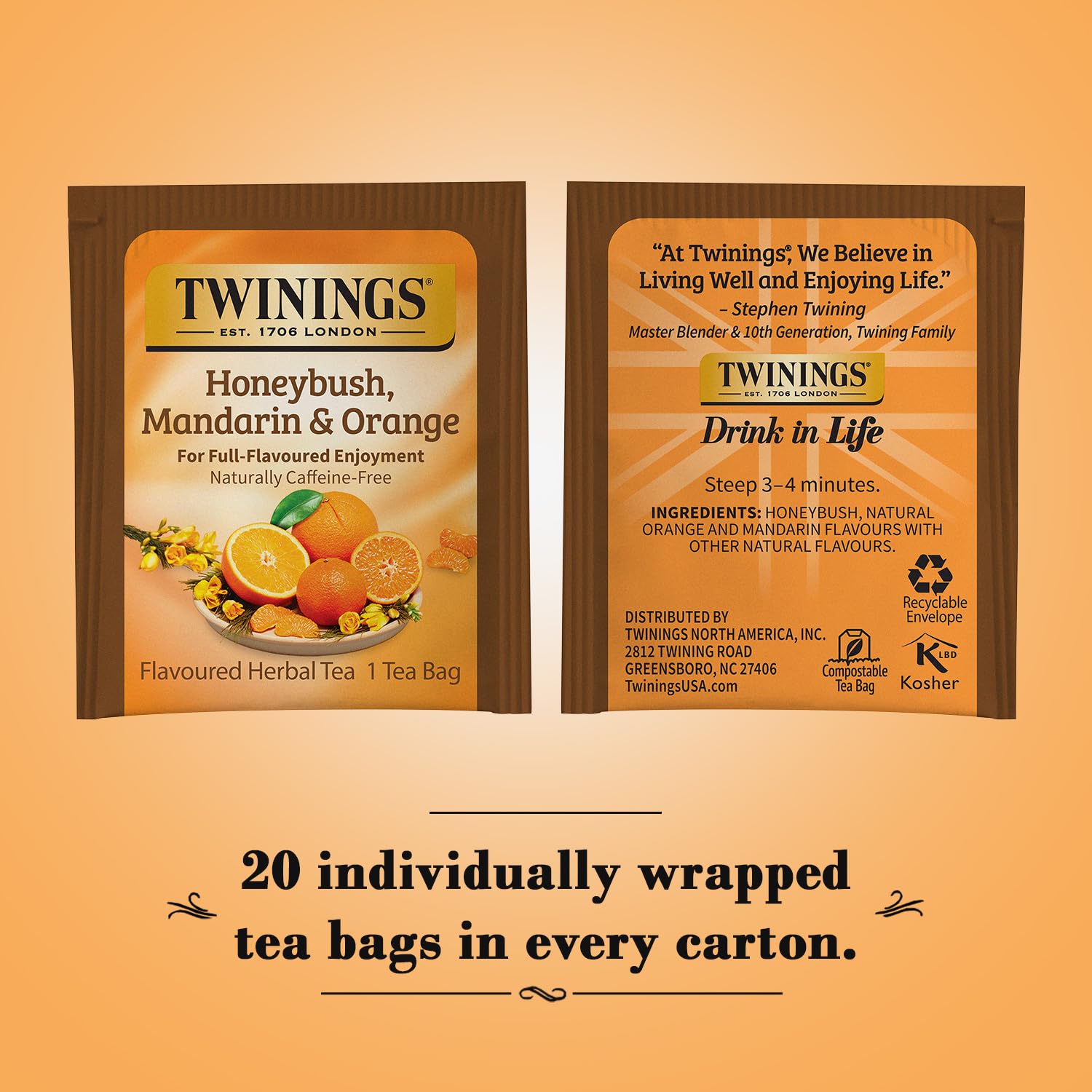 Twinings Honeybush Mandarin Orange tea bags closeup, citrus aroma and gentle sweetness.
