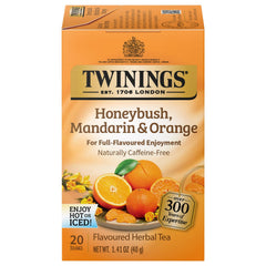 Twinings Honeybush Mandarin Orange tea bags on display, naturally caffeine-free and refreshing.