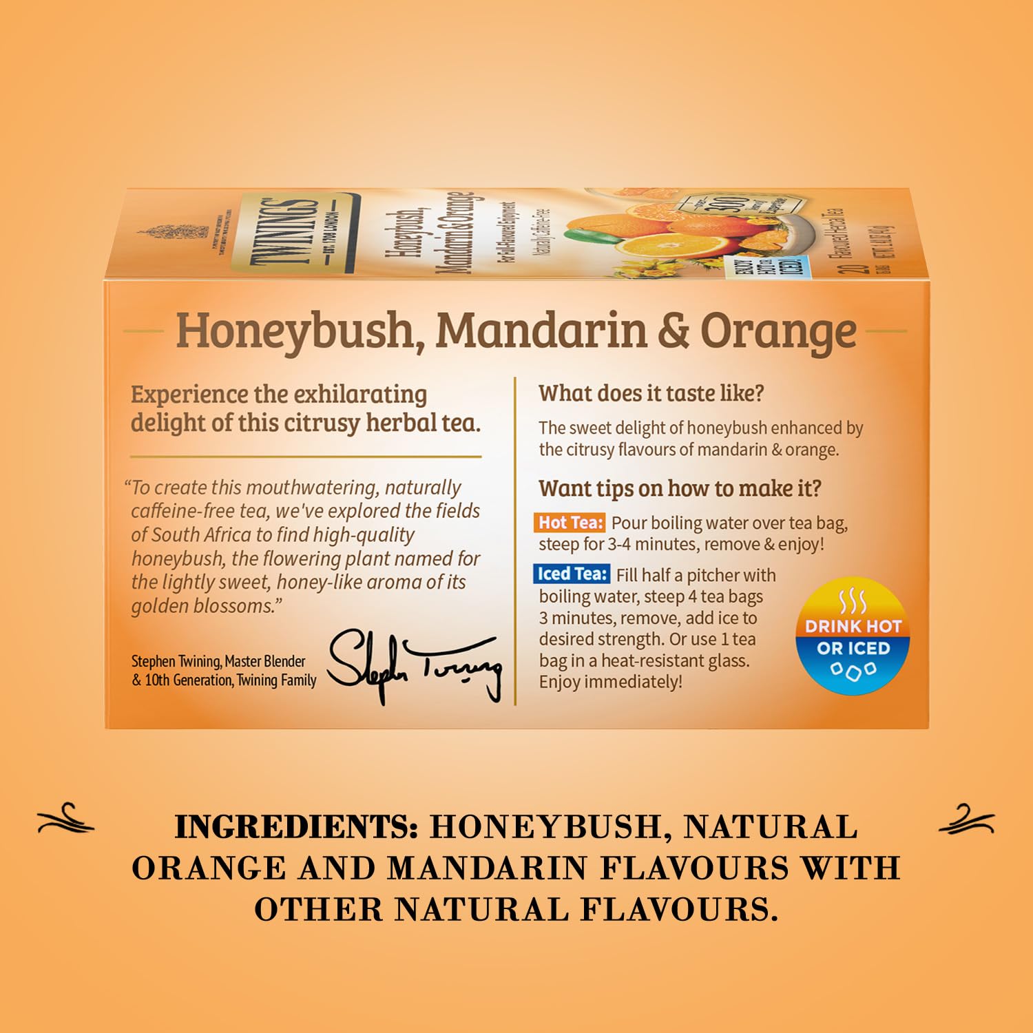 Twinings Honeybush Mandarin Orange tea bags steeping, yielding a bright herbal cup with fruit-forward notes.