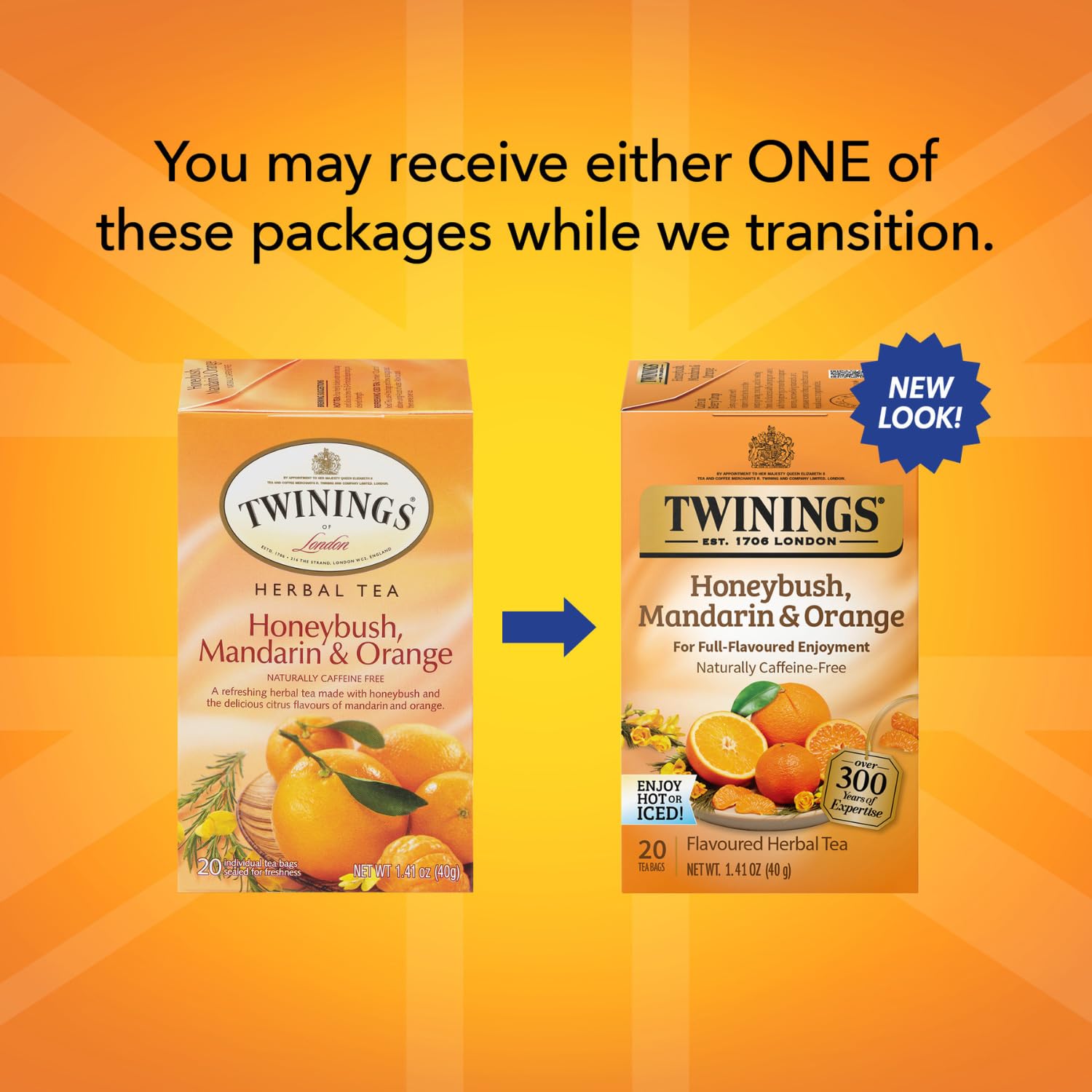 Twinings Honeybush Mandarin Orange tea boxes, compact packaging for easy on-the-go brews.