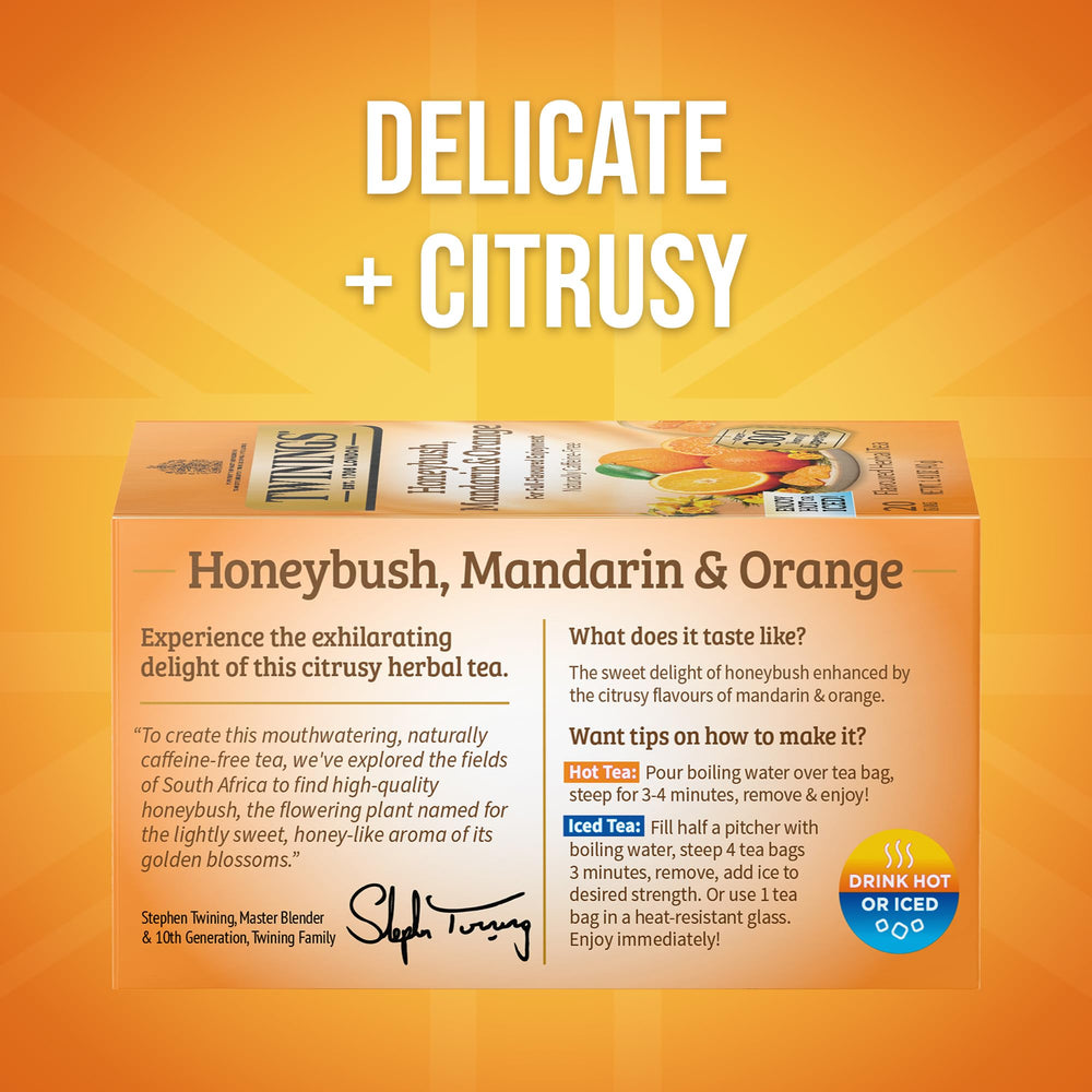 Twinings Honeybush Mandarin Orange tea packets arranged for home brewing