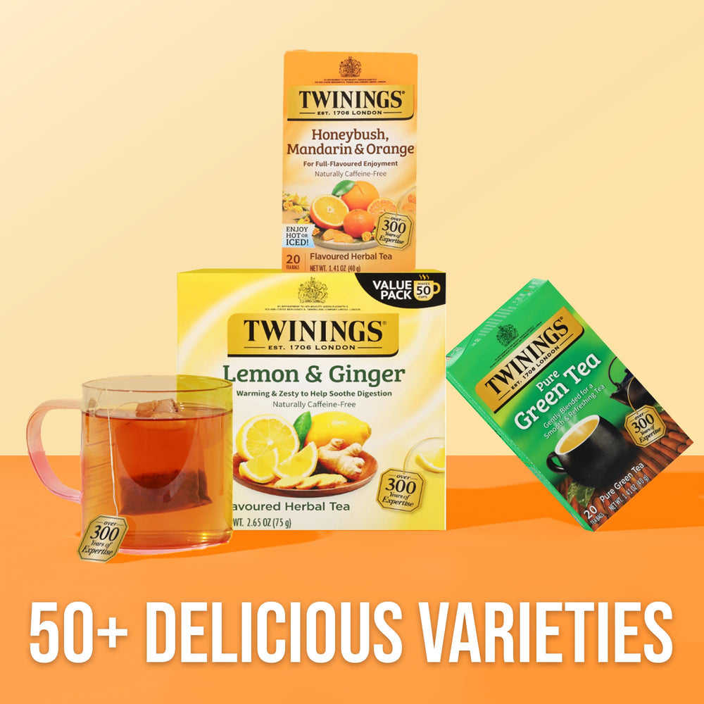 Six pack shelf display of Twinings Honeybush Mandarin Orange herbal tea