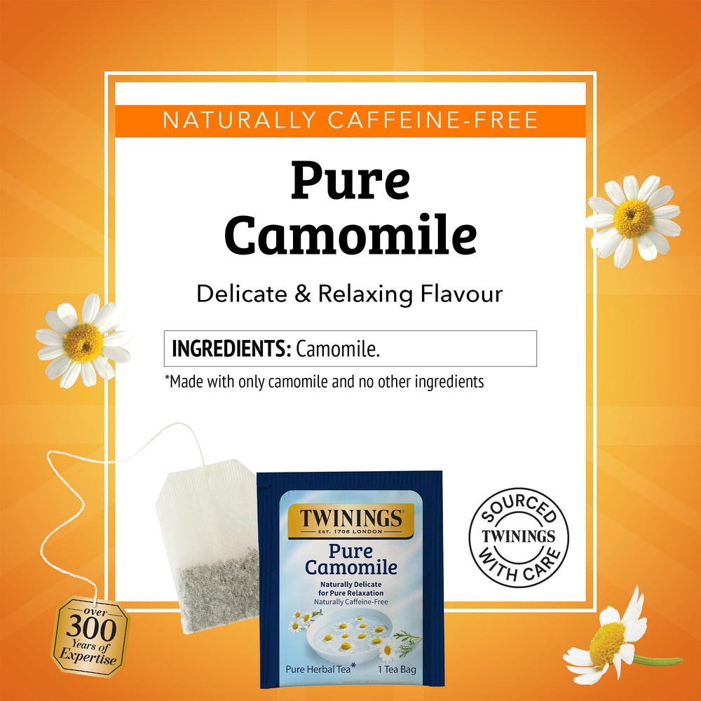 Enjoy hot or iced for a calm, comforting moment with Twinings camomile tea.