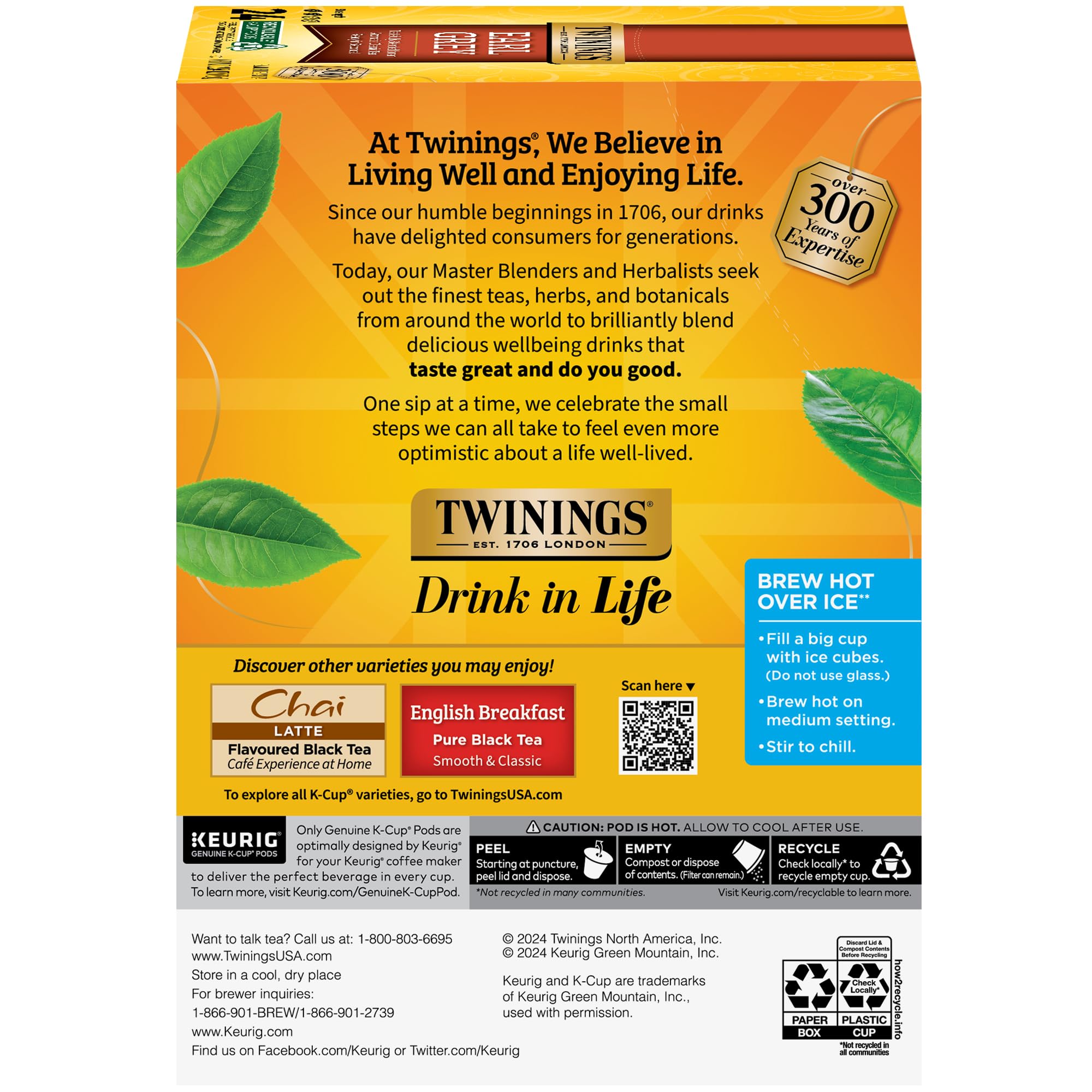 Twinings Hot tea brewing guide for 6 oz and 8 oz.