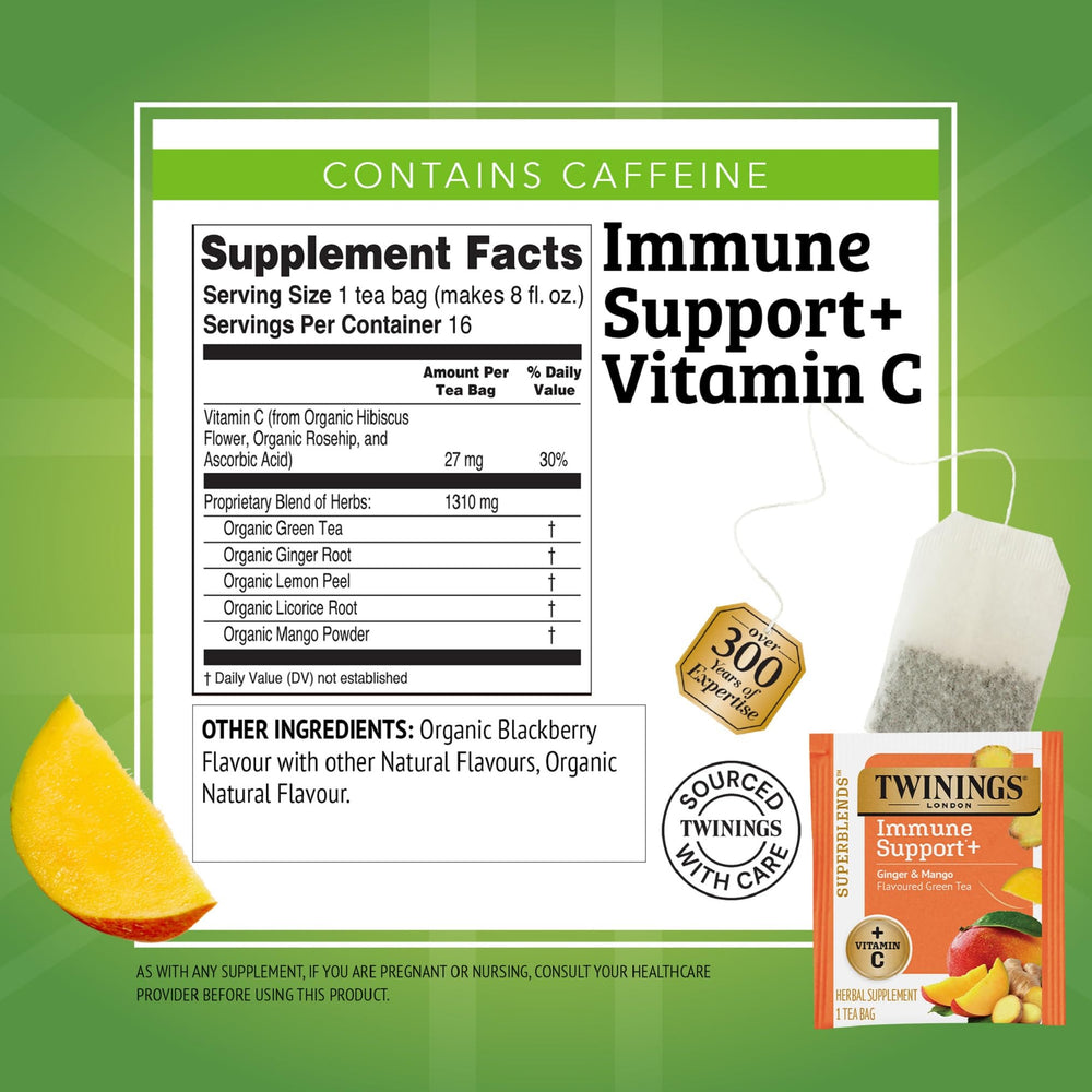 Twinings Immune Support tea steaming cup ready to sip hot or iced.