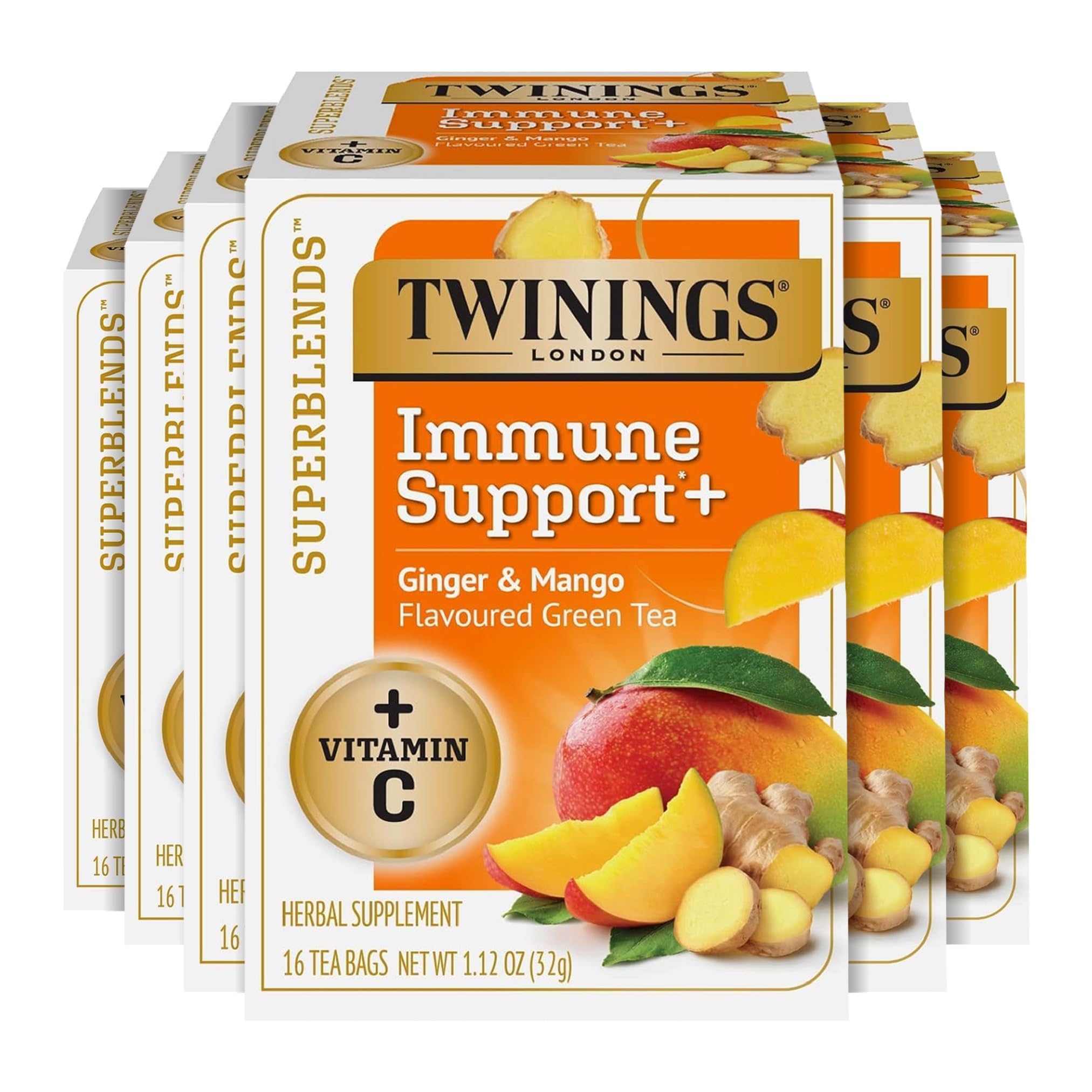 Twinings Immune Support Mango Ginger Green Tea tea bags for daily immune-support ritual.