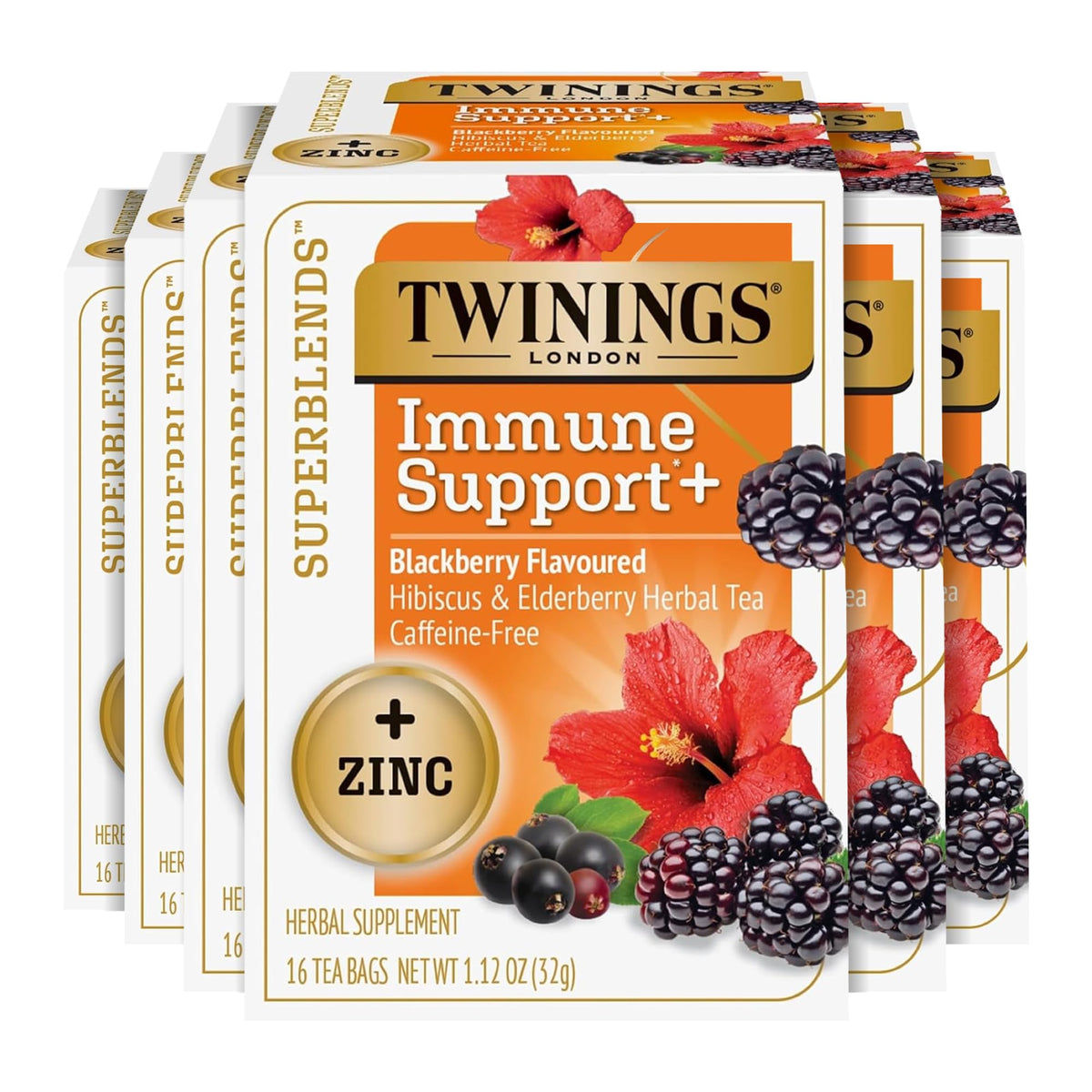 Twinings Immune Support tea box showing zinc blackberry hibiscus flavor for daily enjoyment.