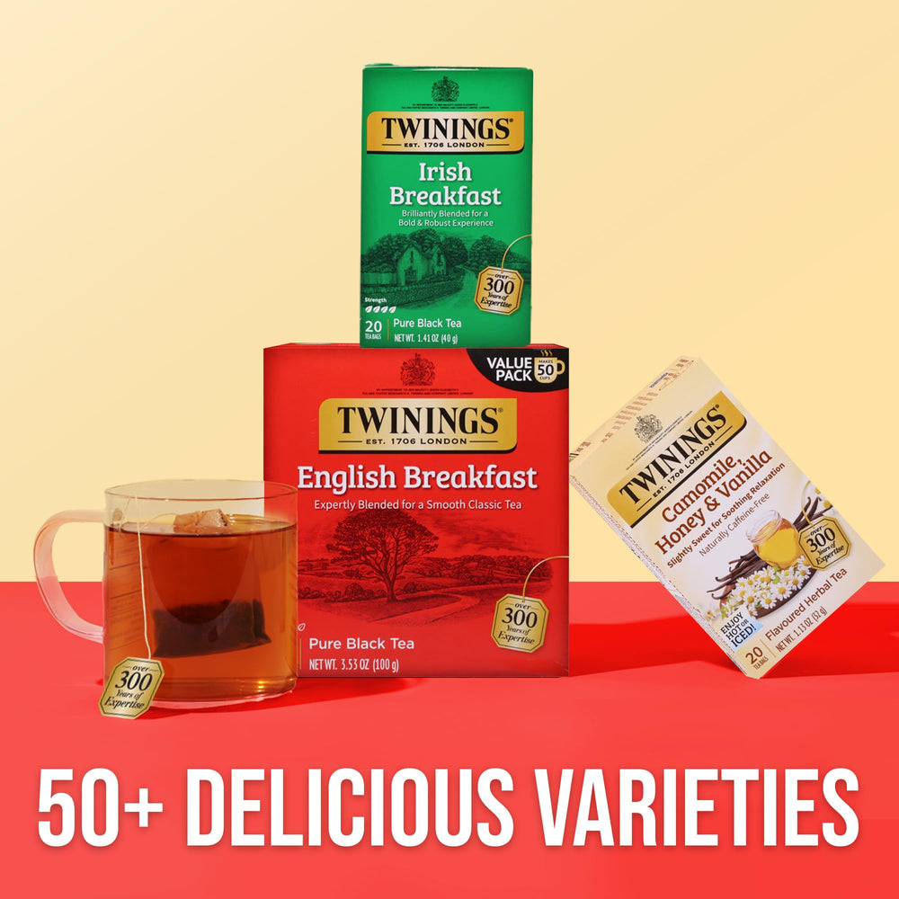 Twinings Irish Breakfast tea brewed in cup, inviting aroma and rich color