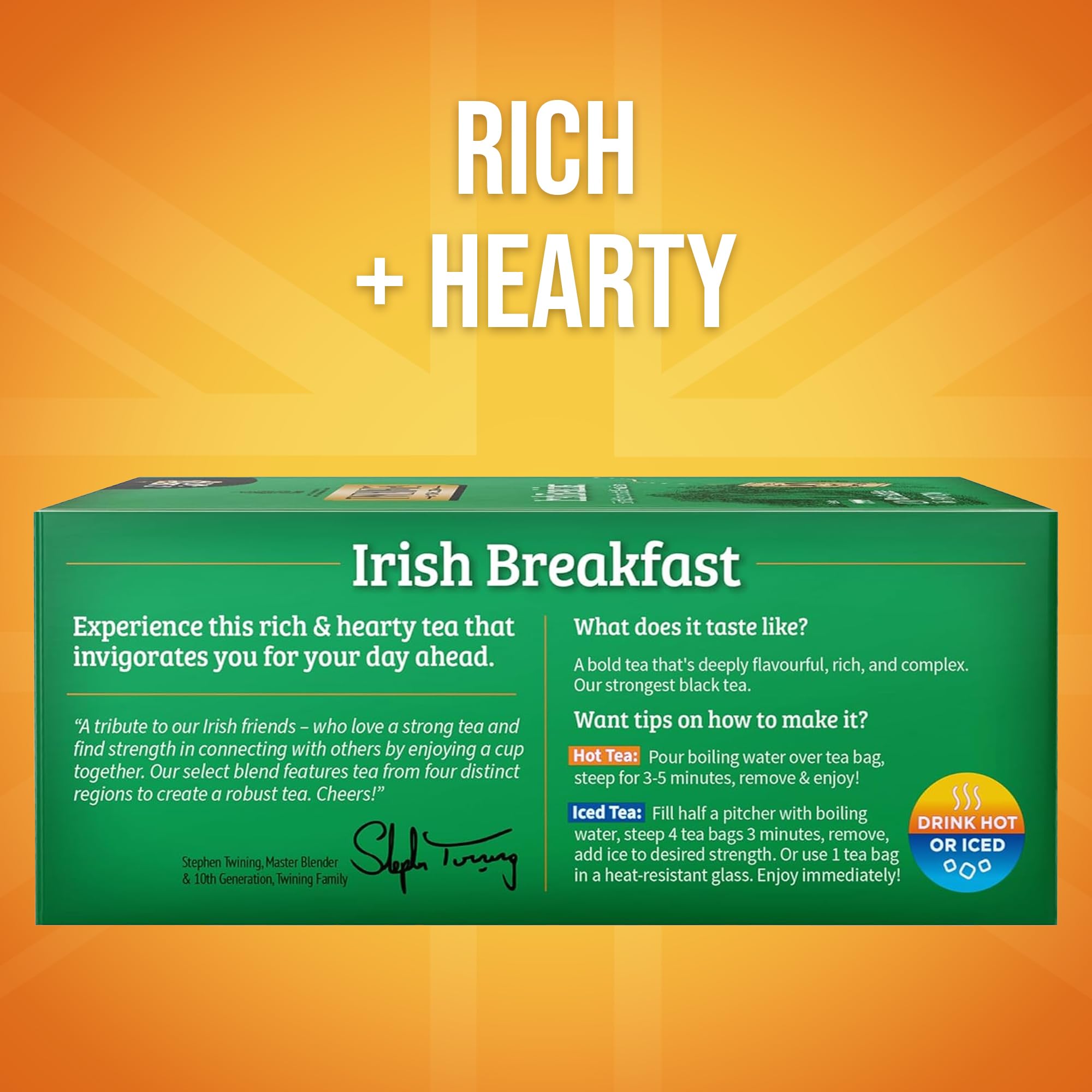 Twinings Irish Breakfast tea shows an amber, full-bodied color in the cup.