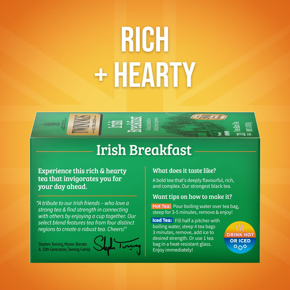 Twinings Irish Breakfast tea bags pack back, shows six-pack value and freshness seal