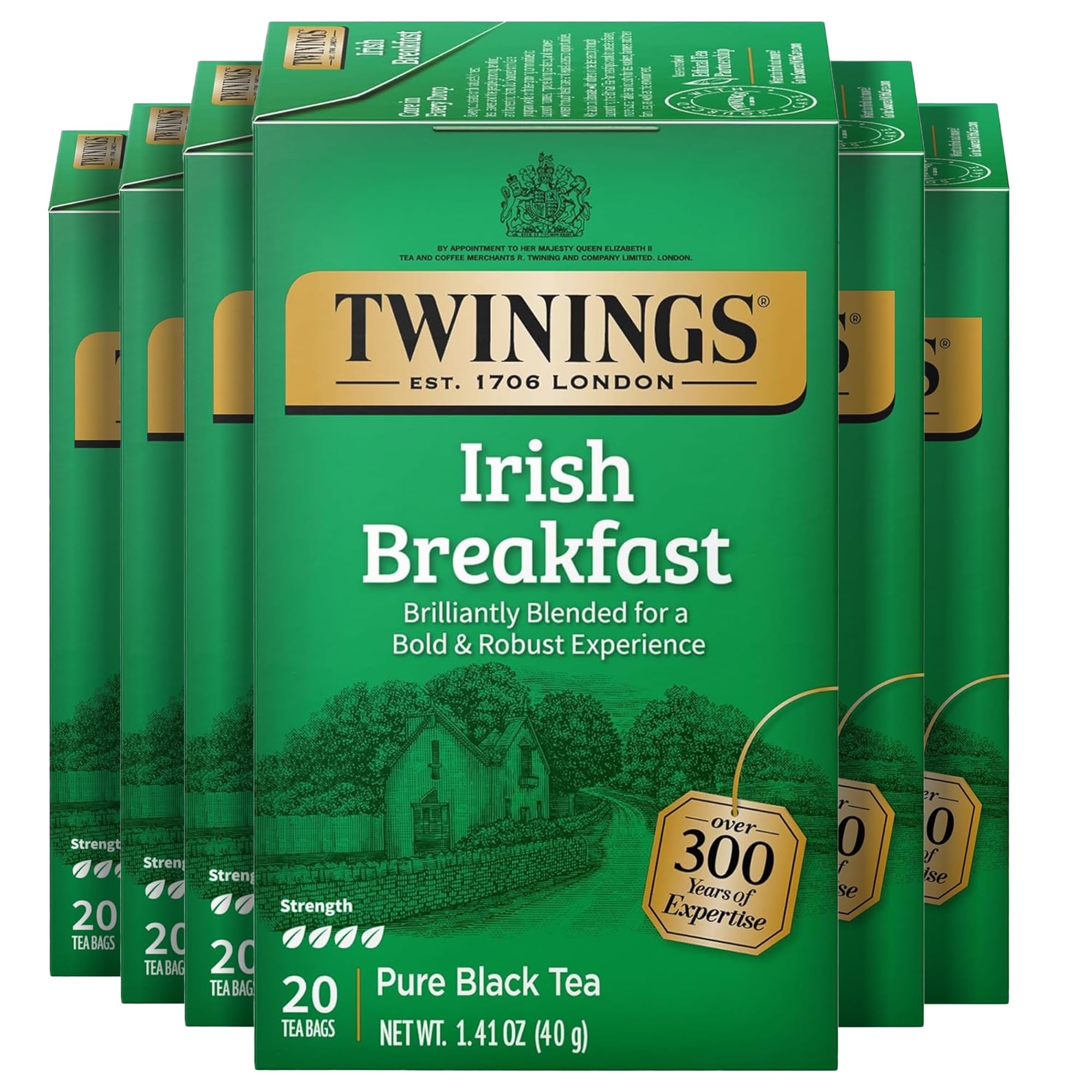 Twinings Irish Breakfast tea bags pack front, convenient for quick brewing anywhere