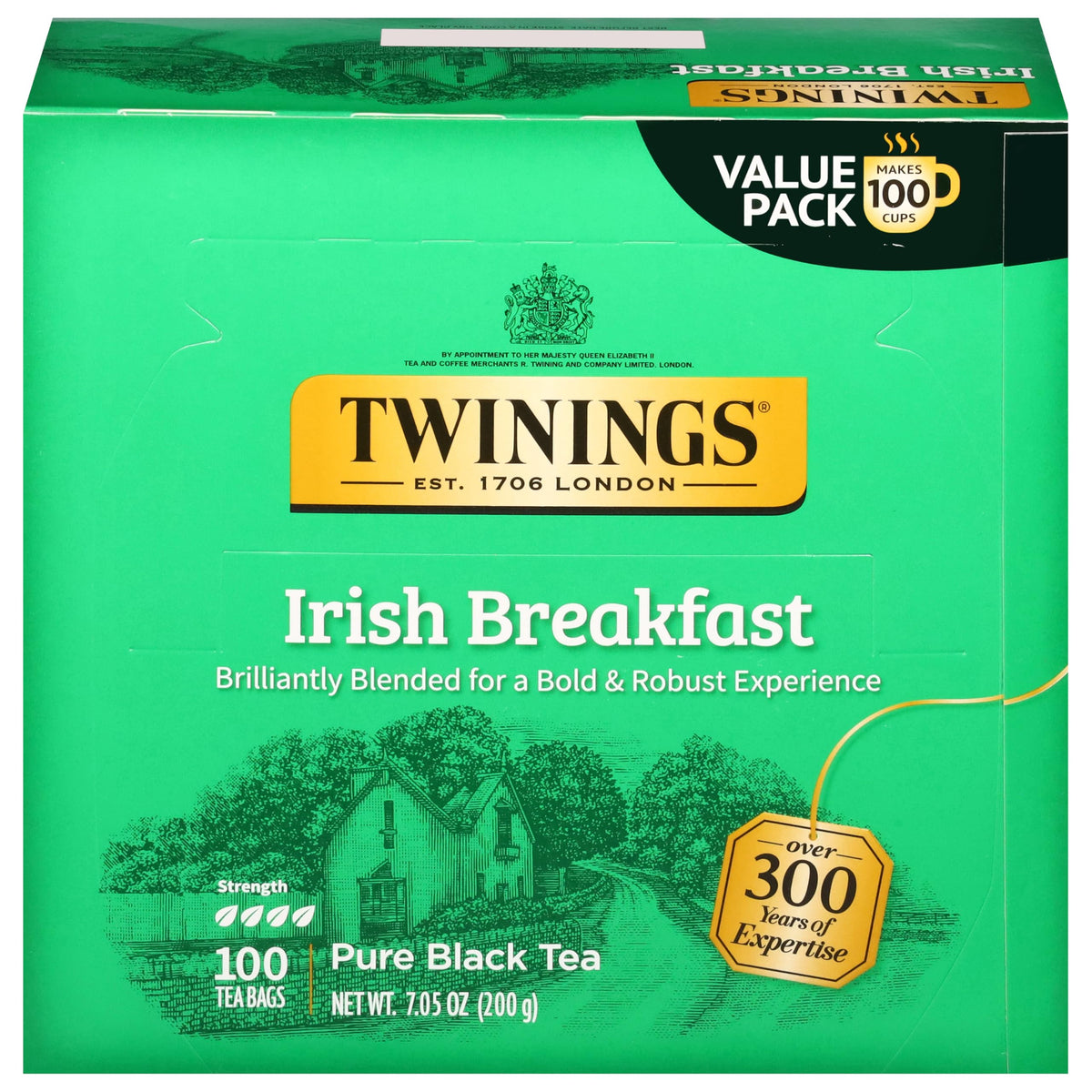 Twinings Irish Breakfast tea bags pour into a cup for a bold morning brew.
