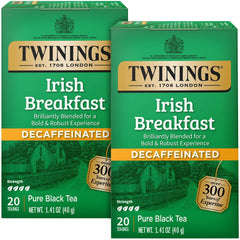 Twinings Irish Breakfast decaf tea bags ready for brewing, bold caffeine-free cup.