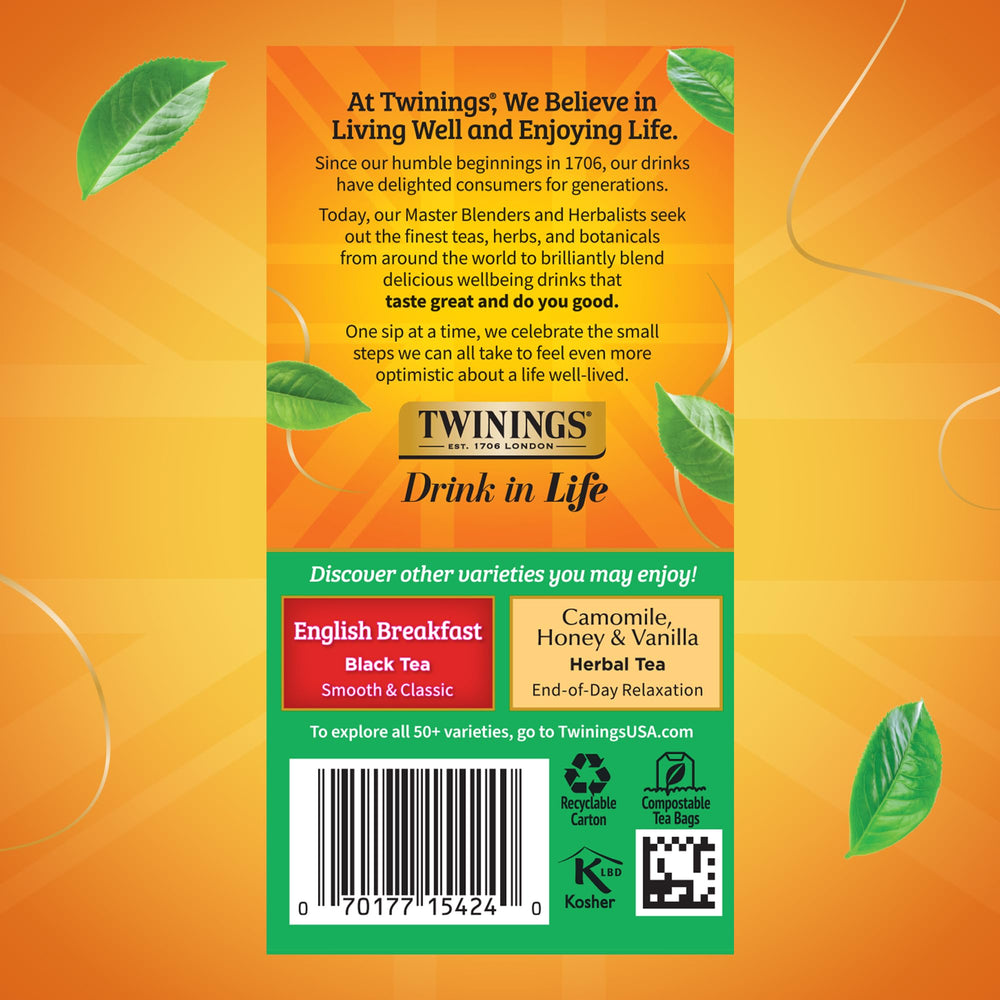 Twinings Irish Breakfast tea pouring into a cup, steam rising from the amber brew