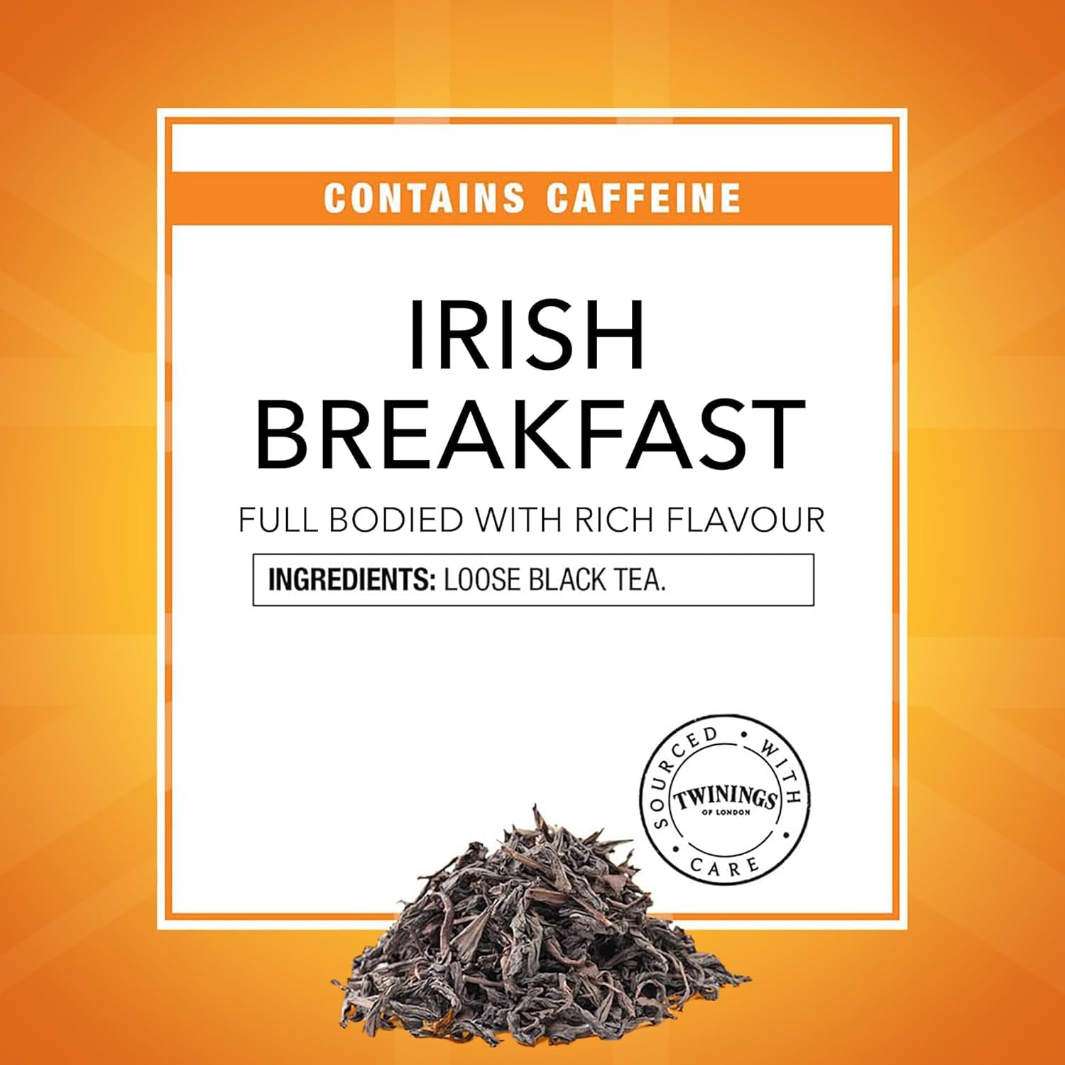 Twinings Irish Breakfast tin front highlights a trusted black tea for daily energy.