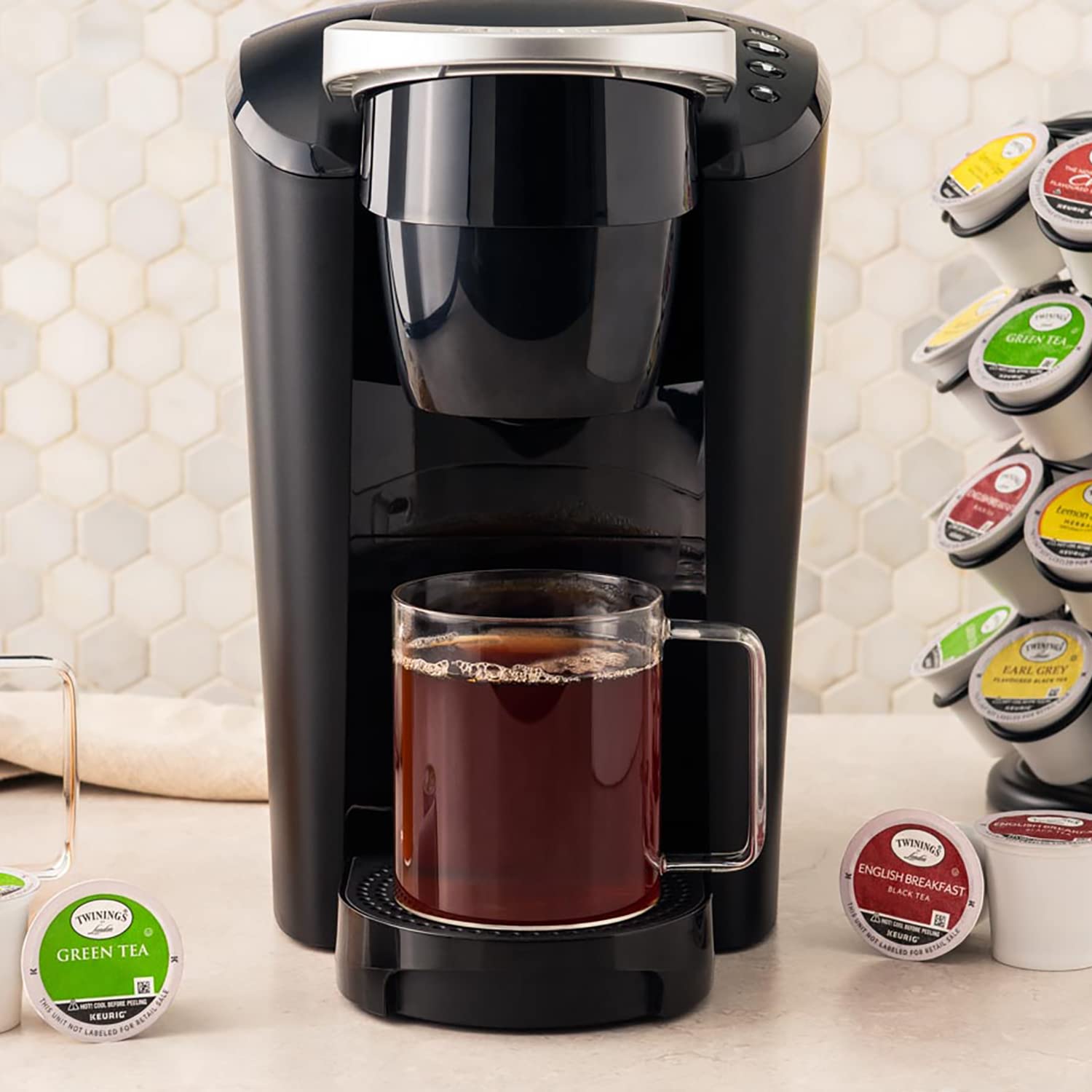 Twinings K-Cups on a shelf ready for convenient morning rituals