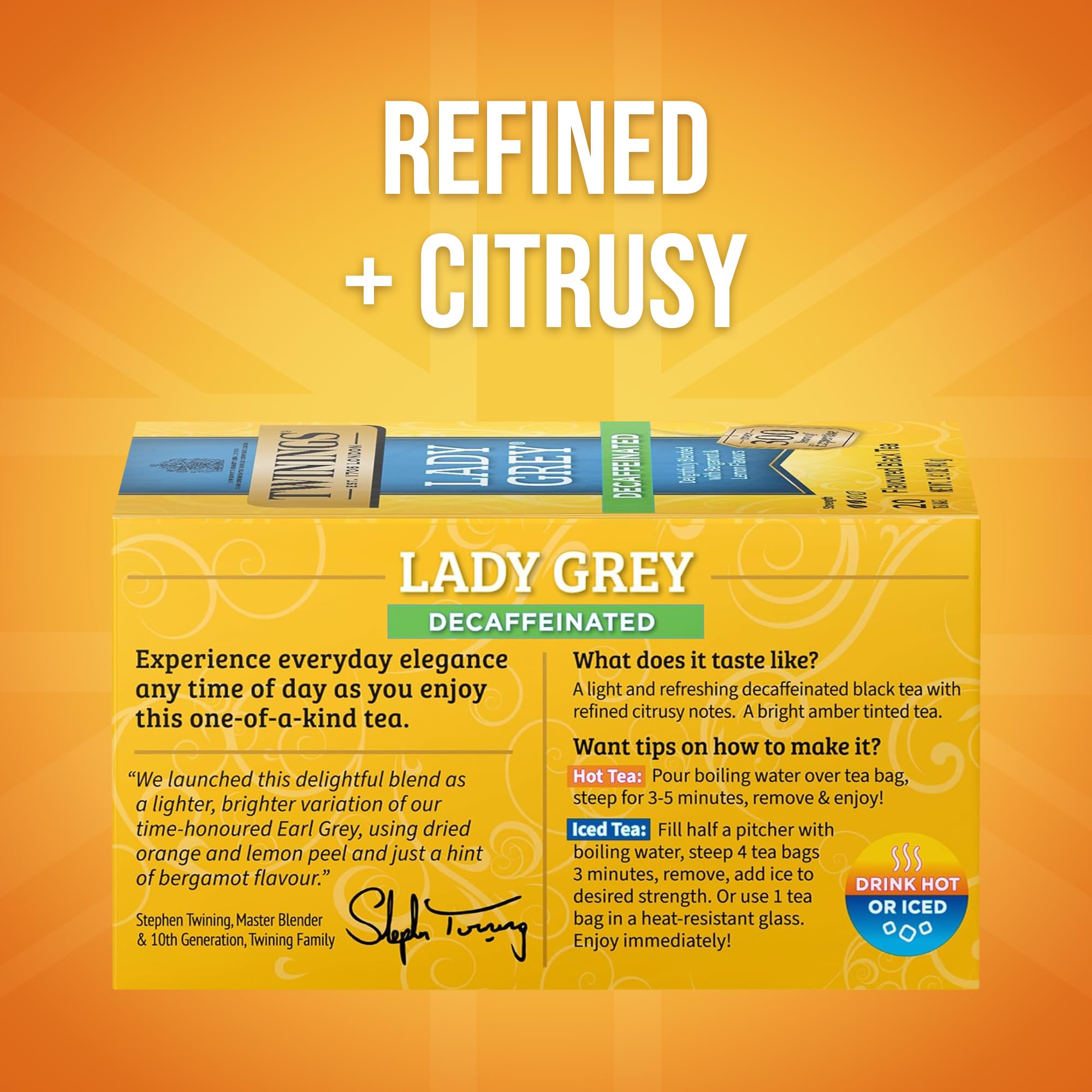 Lady Grey Decaf with citrus aroma in a steaming cup