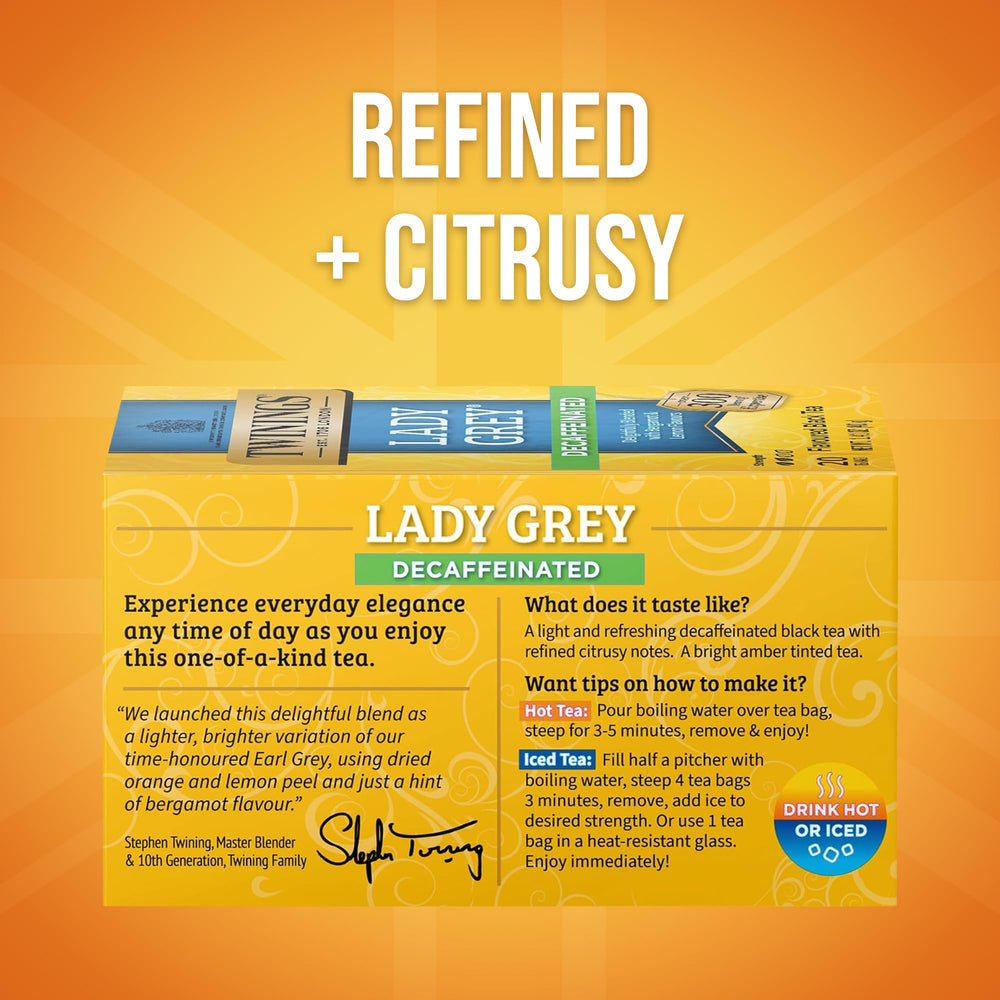 Lady Grey Decaf with citrus aroma in a steaming cup