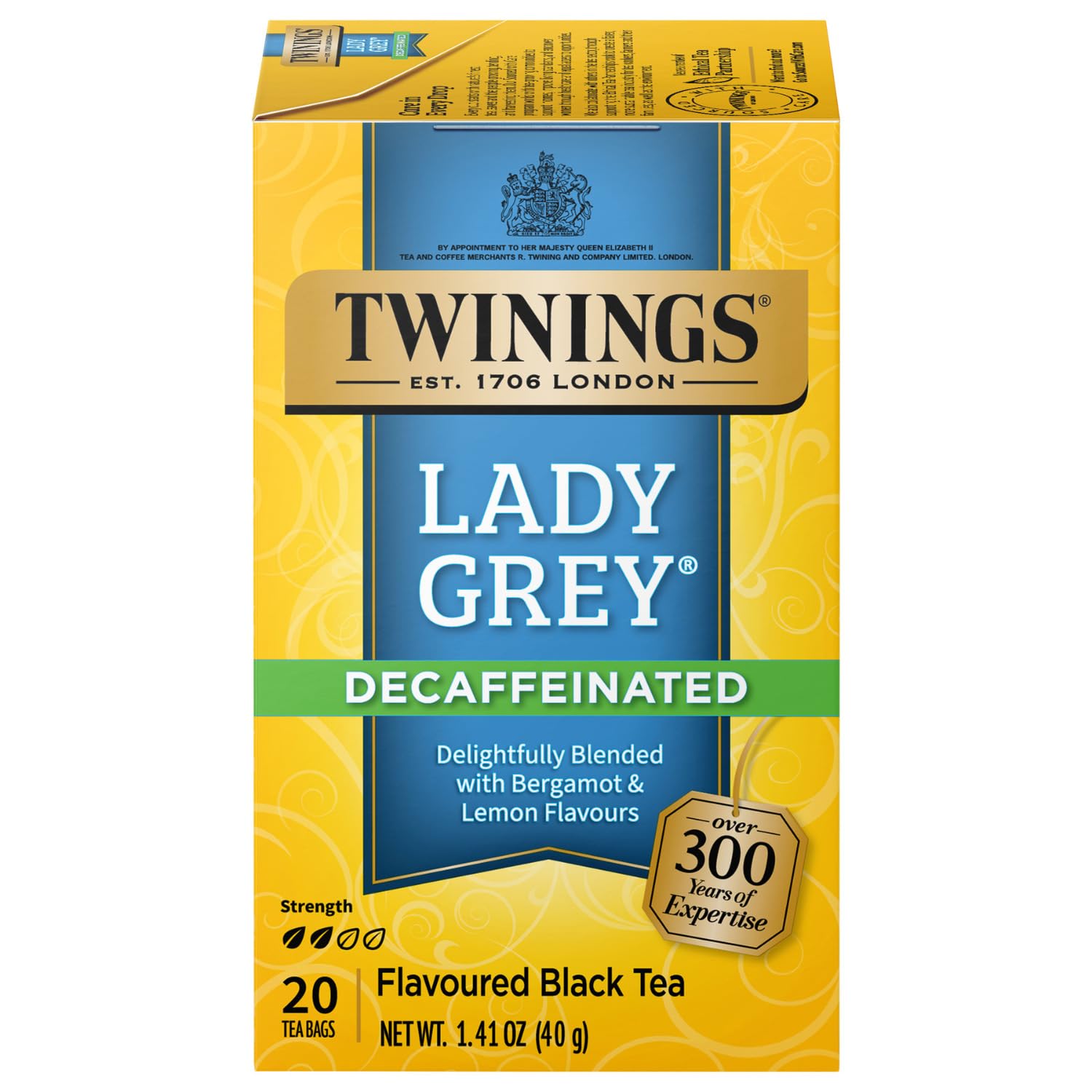 Twinings Lady Grey decaf tea bag in a cup with citrus aroma for calm sipping