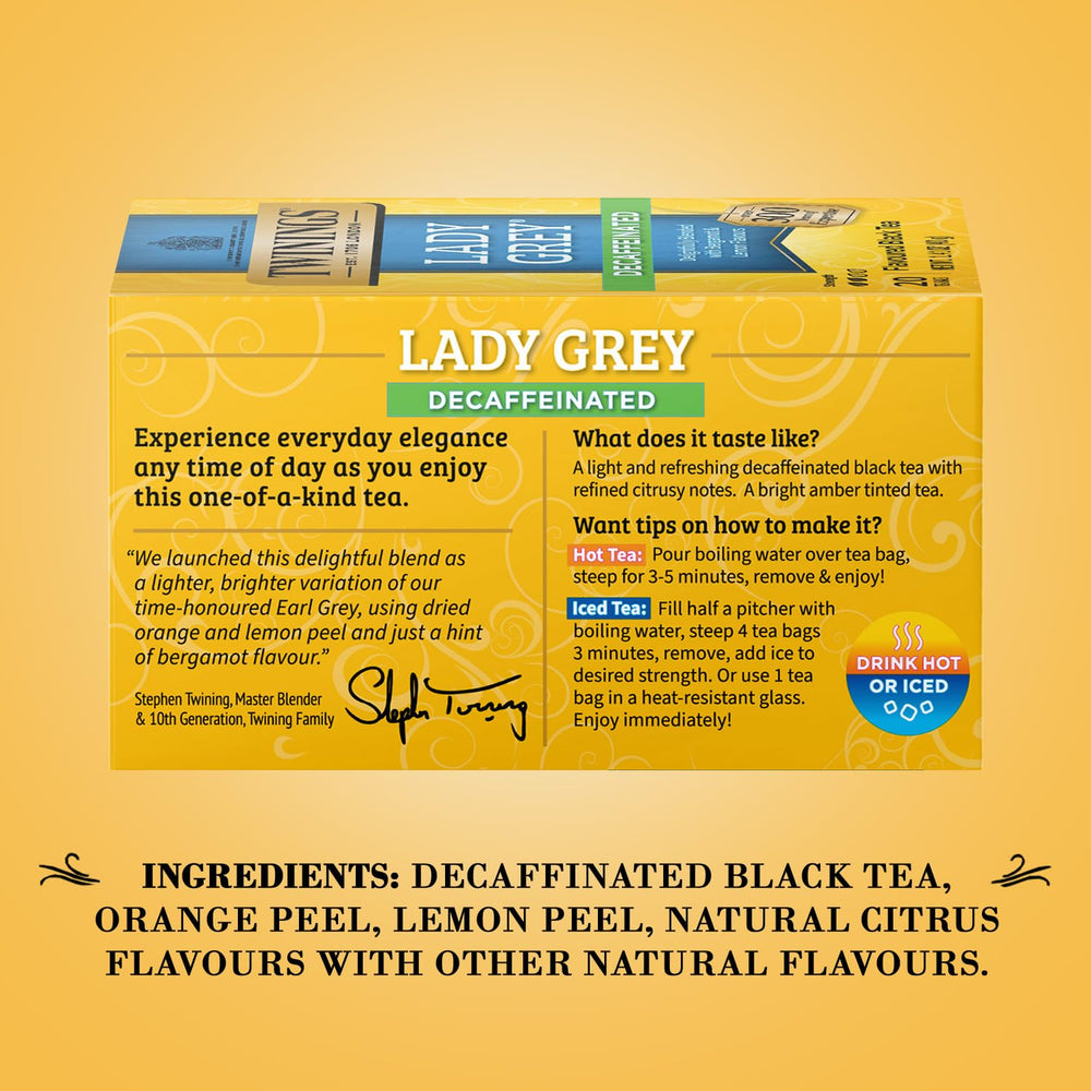 Twinings Lady Grey decaf tea iced in a glass with refreshing citrus notes