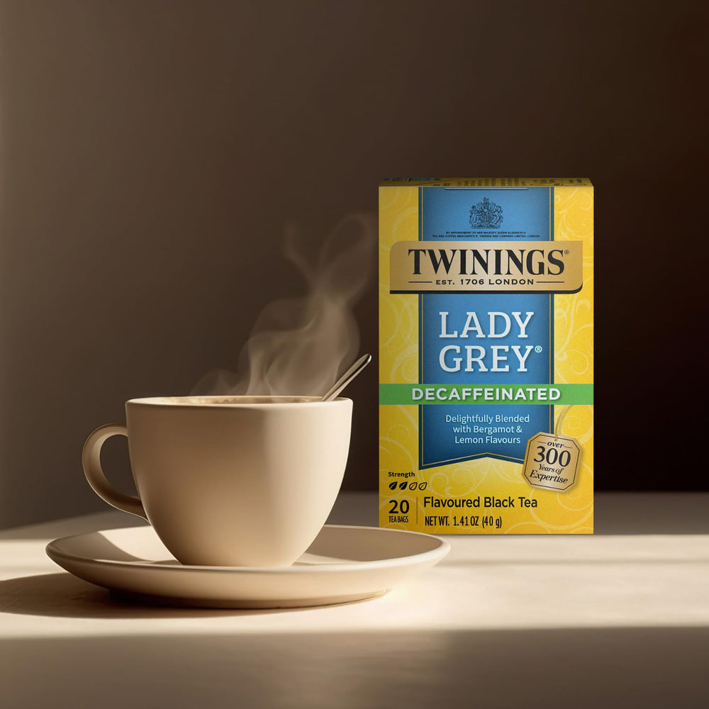 Twinings Lady Grey decaf tea packaging protects aroma in individually wrapped bags