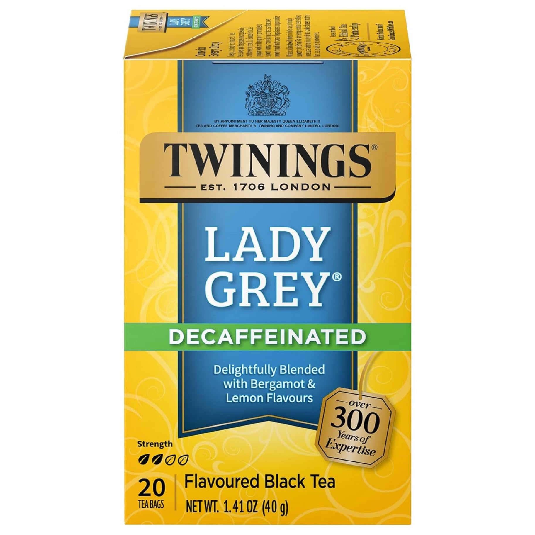 Twinings Lady Grey decaf tea bags displayed for everyday use