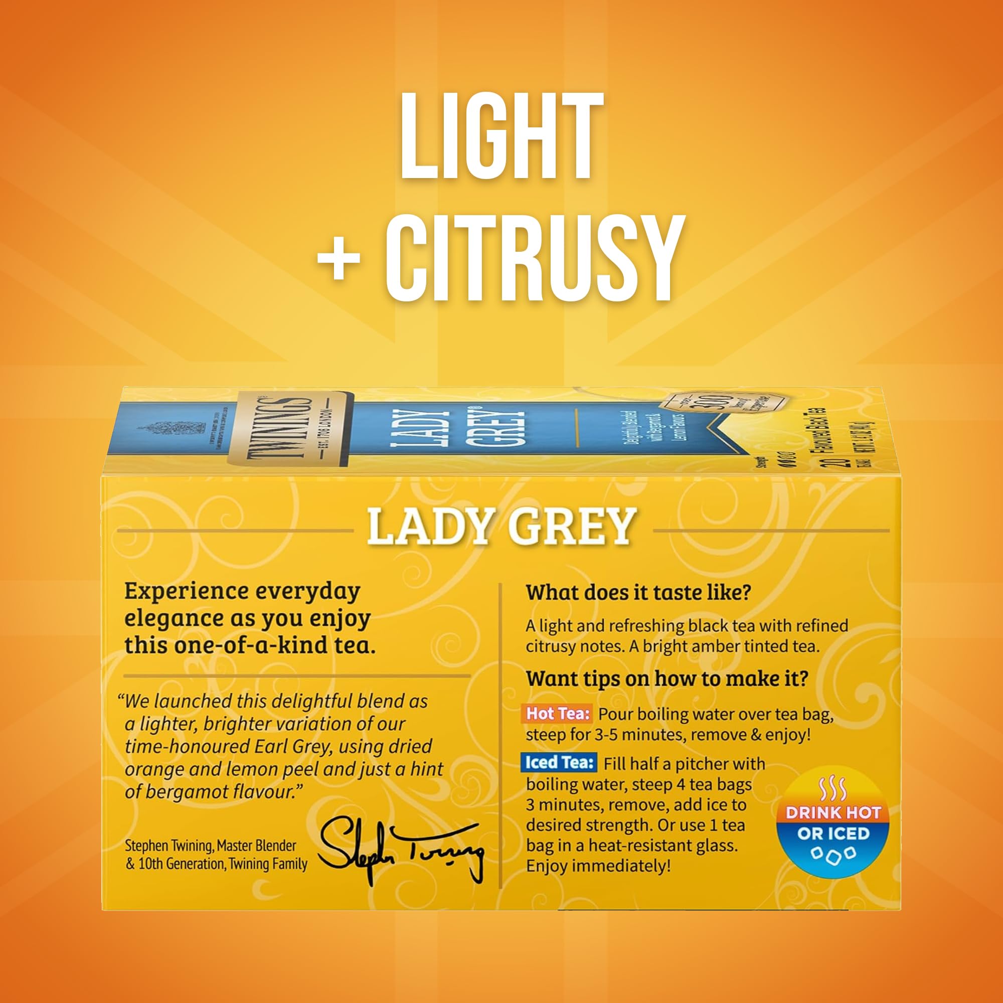 Close-up of Twinings Lady Grey tea bag with citrus aroma