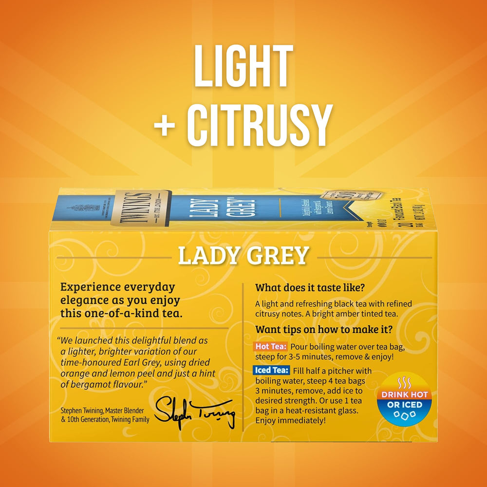 Close-up of Twinings Lady Grey tea bag with citrus aroma