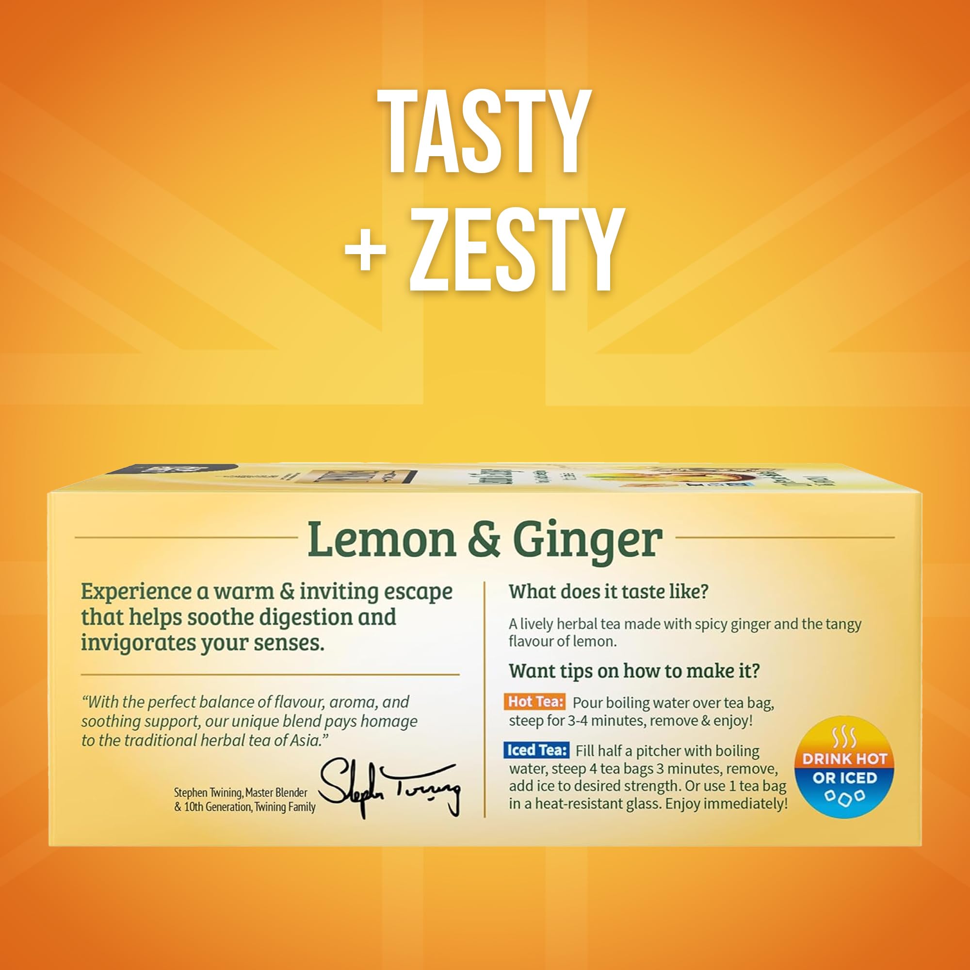 Closeup of Twinings lemon-ginger tea bags highlighting bright citrus and spice.