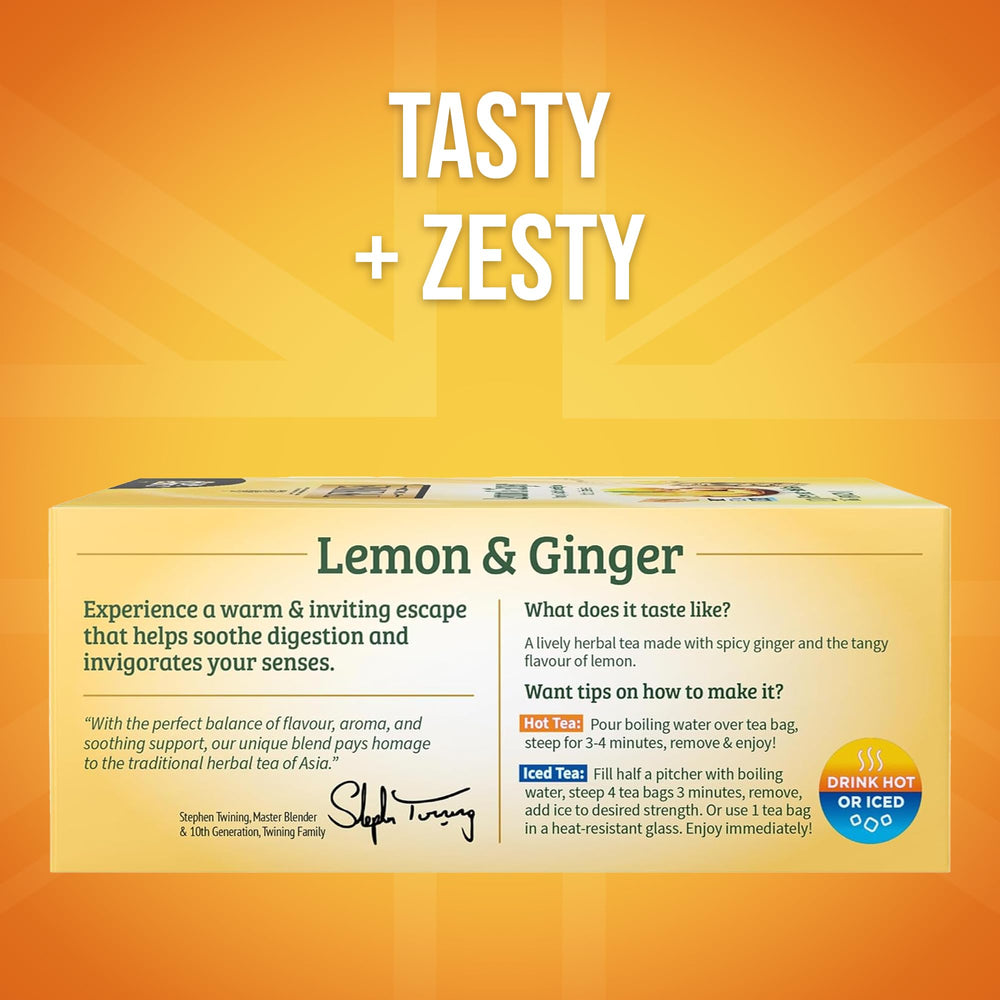 Closeup of Twinings lemon-ginger tea bags highlighting bright citrus and spice.