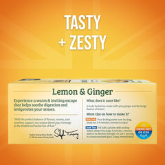 Closeup of Twinings lemon-ginger tea bags highlighting bright citrus and spice.