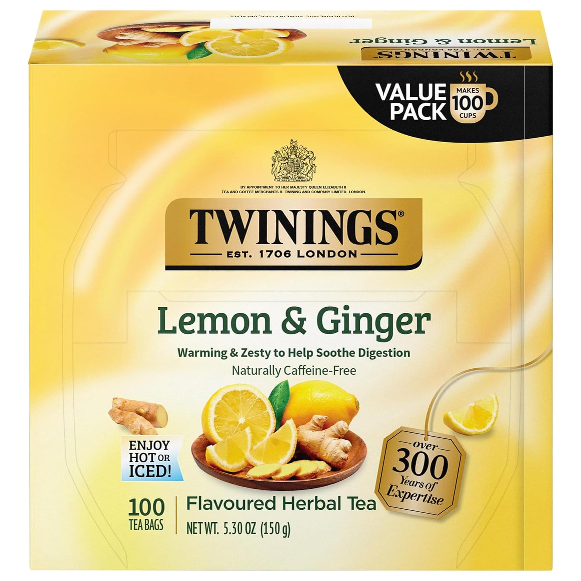 Twinings Lemon & Ginger herbal tea bags for a refreshing caffeine-free cup anytime.