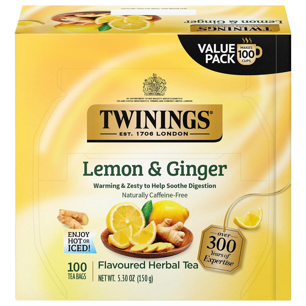 Twinings Lemon & Ginger herbal tea bags for a refreshing caffeine-free cup anytime.