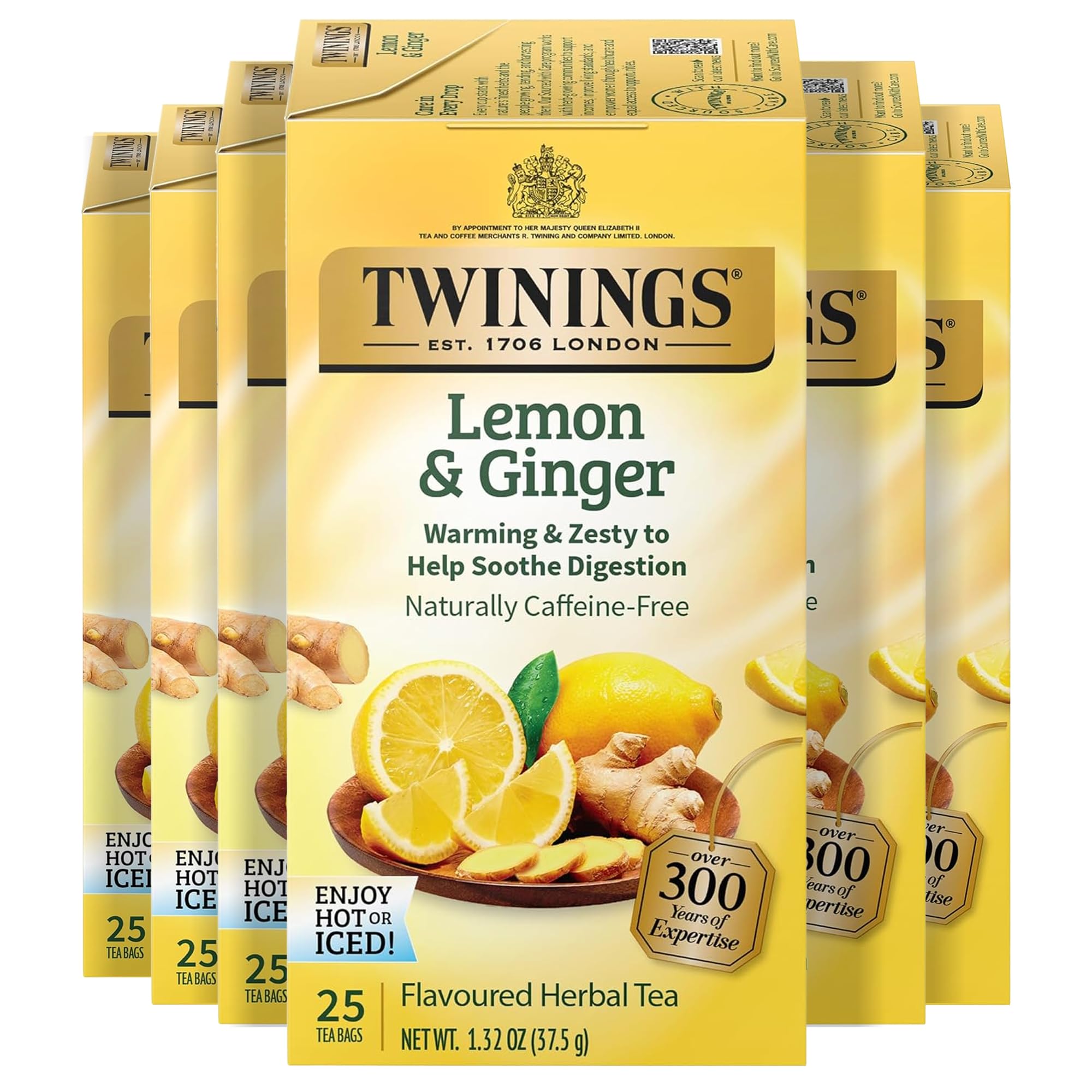 Twinings Lemon & Ginger Herbal Tea bags with sealed packaging for freshness.