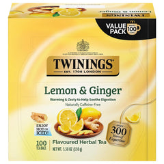 Twinings Lemon & Ginger herbal tea bags for a refreshing caffeine-free cup anytime.