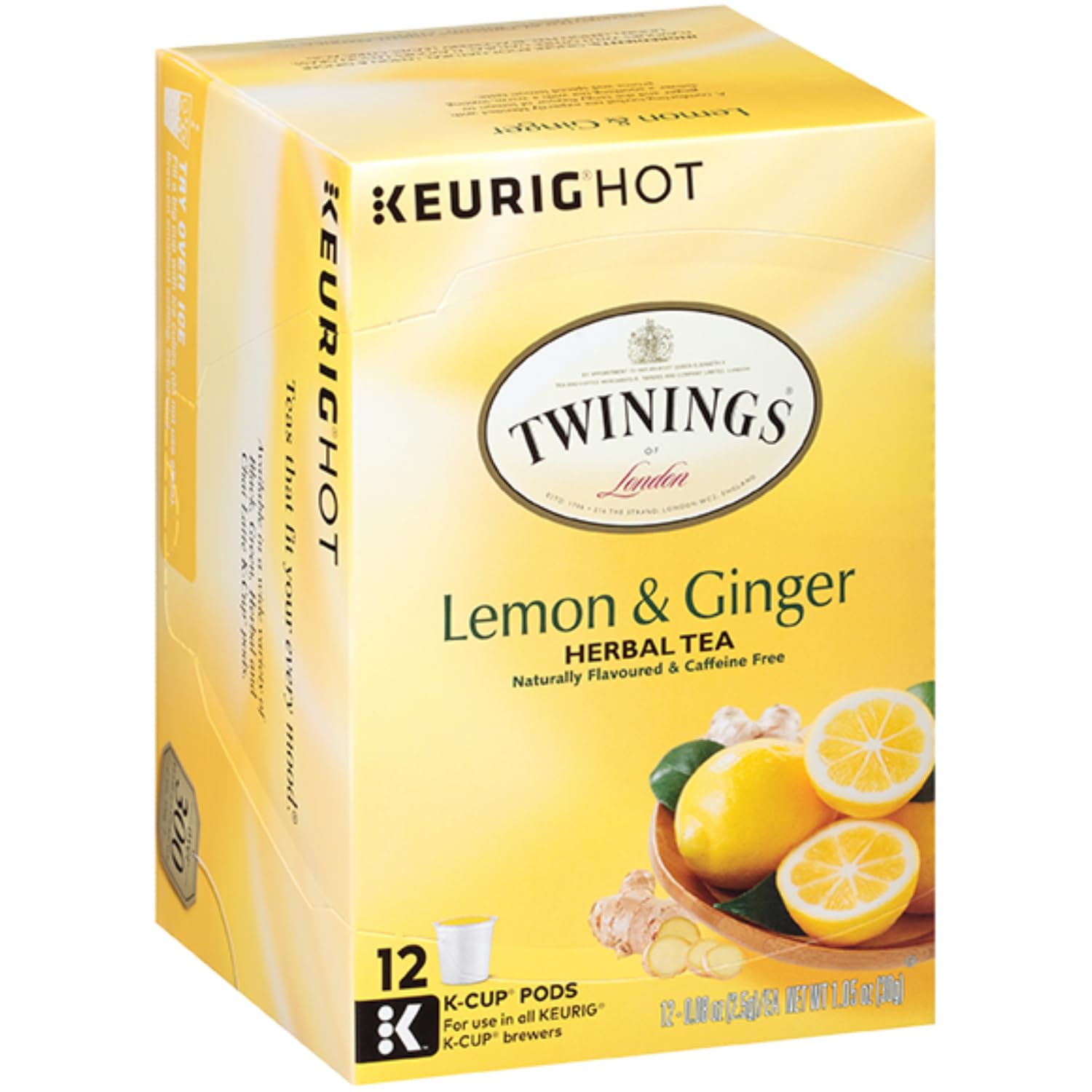 Twinings Lemon & Ginger K-Cup pack shot shows caffeine-free aroma for relaxing moments