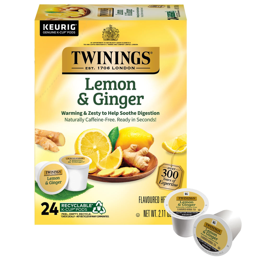 Twinings Lemon & Ginger K-Cup Pods box front for convenient caffeine-free tea any time.