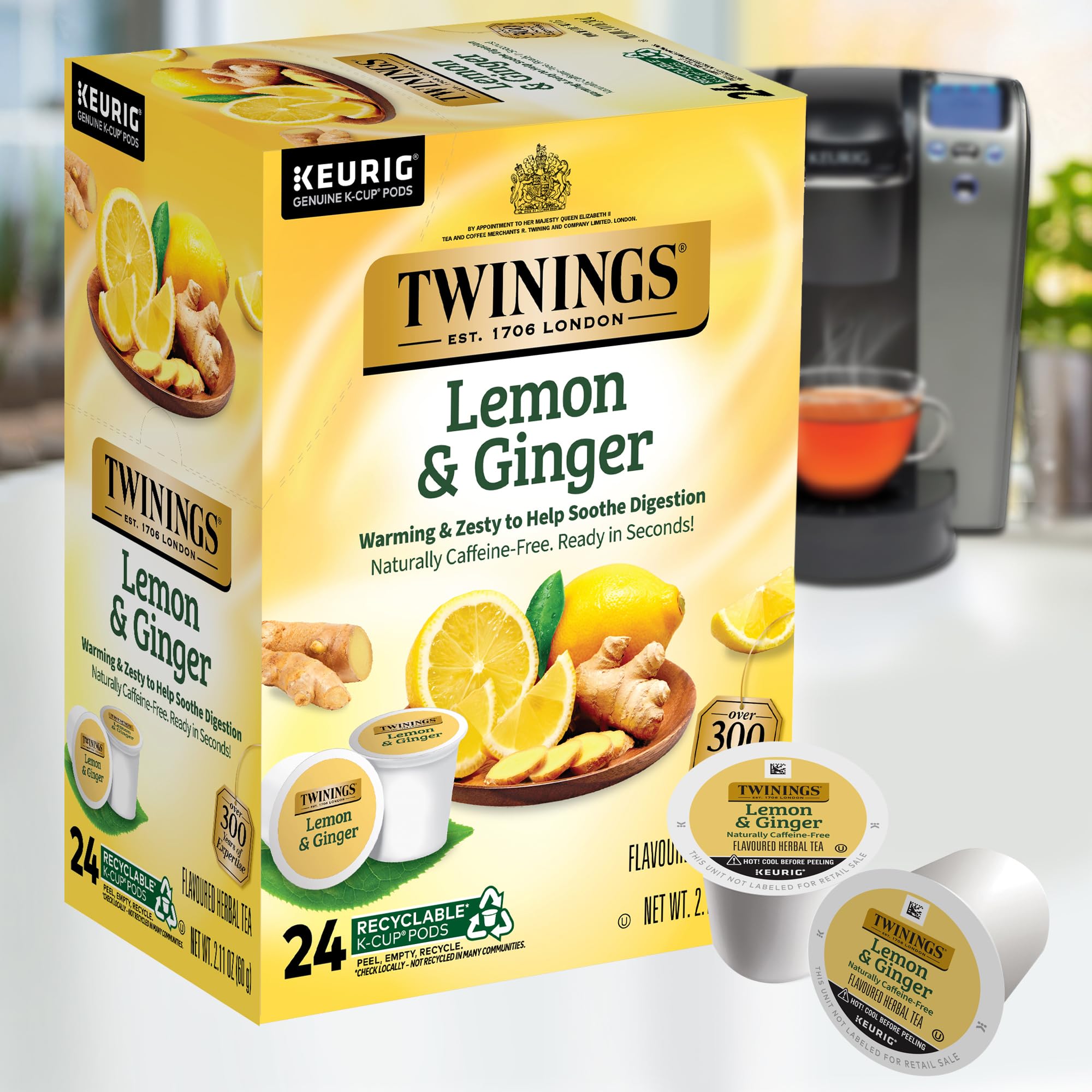 Twinings Lemon & Ginger K-Cup Pods iced serve yields refreshing cold tea.