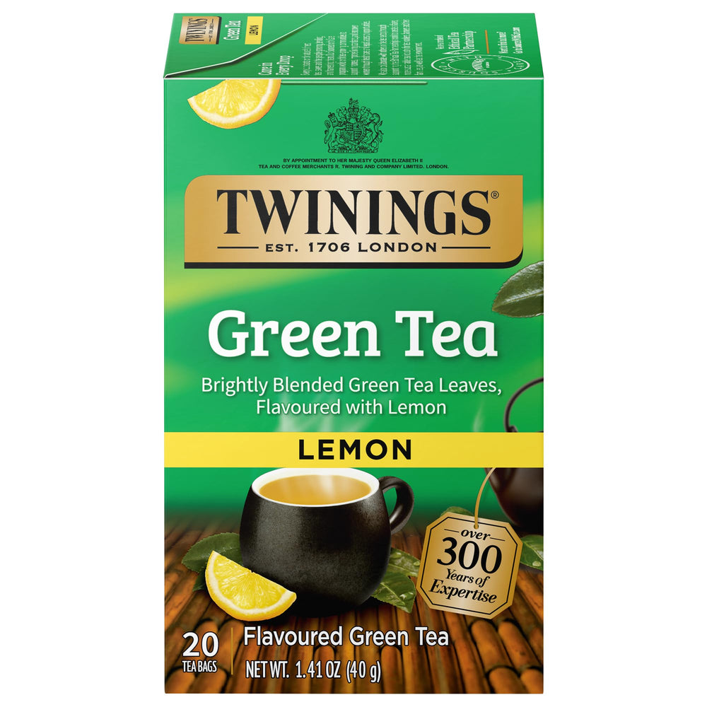 Twinings Lemon Green Tea bags in packaging, convenient 20-count box for on-the-go brews.