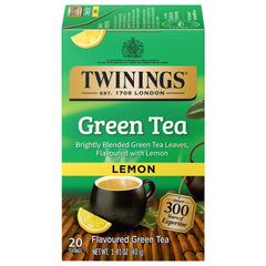 Twinings Lemon Green Tea bags in packaging, convenient 20-count box for on-the-go brews.