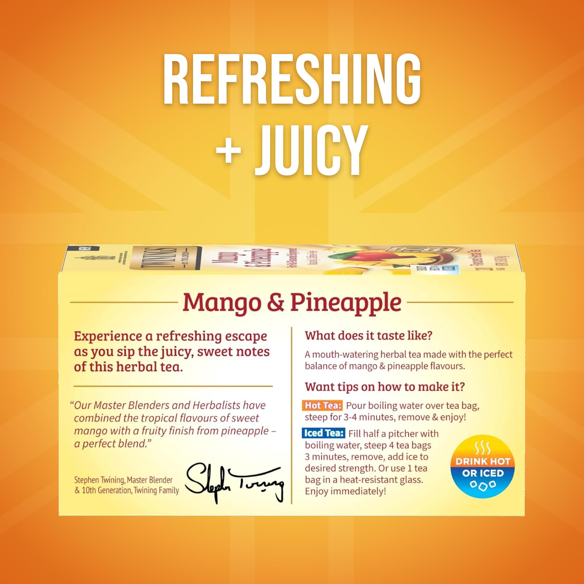 Twinings Mango Pineapple steaming cup shows warm tropical aroma.