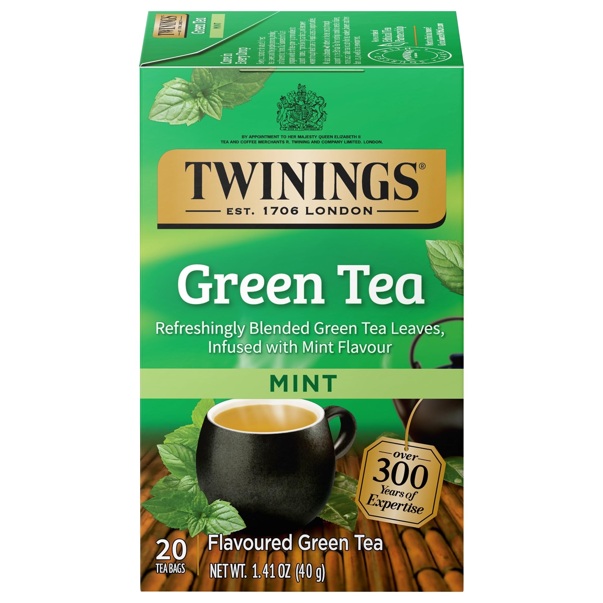 Twinings mint green tea box with 20 bags for easy storage.
